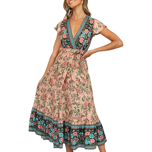 ZESICA Women's 2025 Bohemian Floral Printed Wrap V Neck Short Sleeve Split Beach Party Maxi Dress