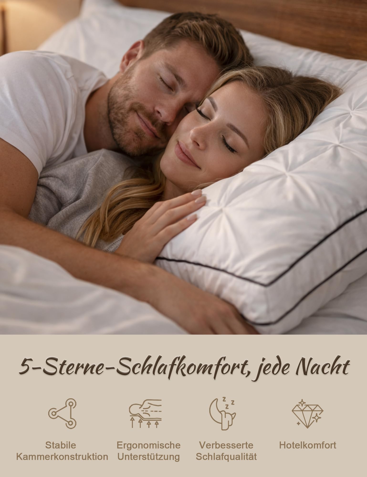 BPC Daunenkissen 80x80 cm 2er Set, 3-Kammer Kopfkissen | 90% Daunen außen & Federkern | Weich und formstabil | 100% Bio-Baumwoll-Bezug | Waschbar & pflegeleicht