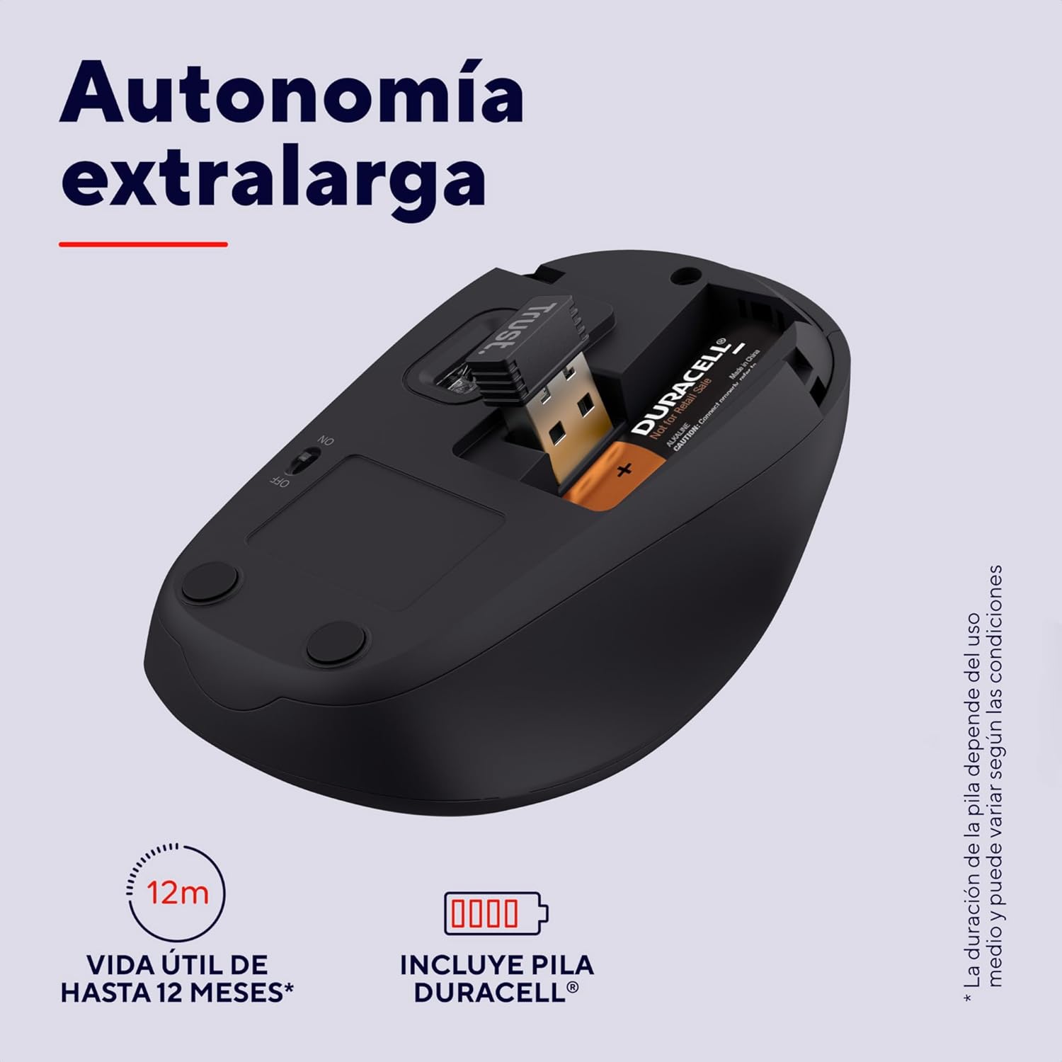Trust Ratón Inalámbrico Silencioso con Batería, para Diestros y Zurdos, 800-1600 PPP, 83% Plástico Reciclado, Microrreceptor USB Almacenable, Mouse para Portátil, Ordenador, Mac, Negro 5