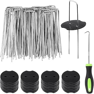 Sliva 80 Weed Control Membrane Pegs + 80 Washers & Pick Hook, 6\"/150mm Weed Mat Pegs, U-Shaped Securing Stakes Metal Pins for Fabric, Matting, Netting,Hoses,Artifical Grass