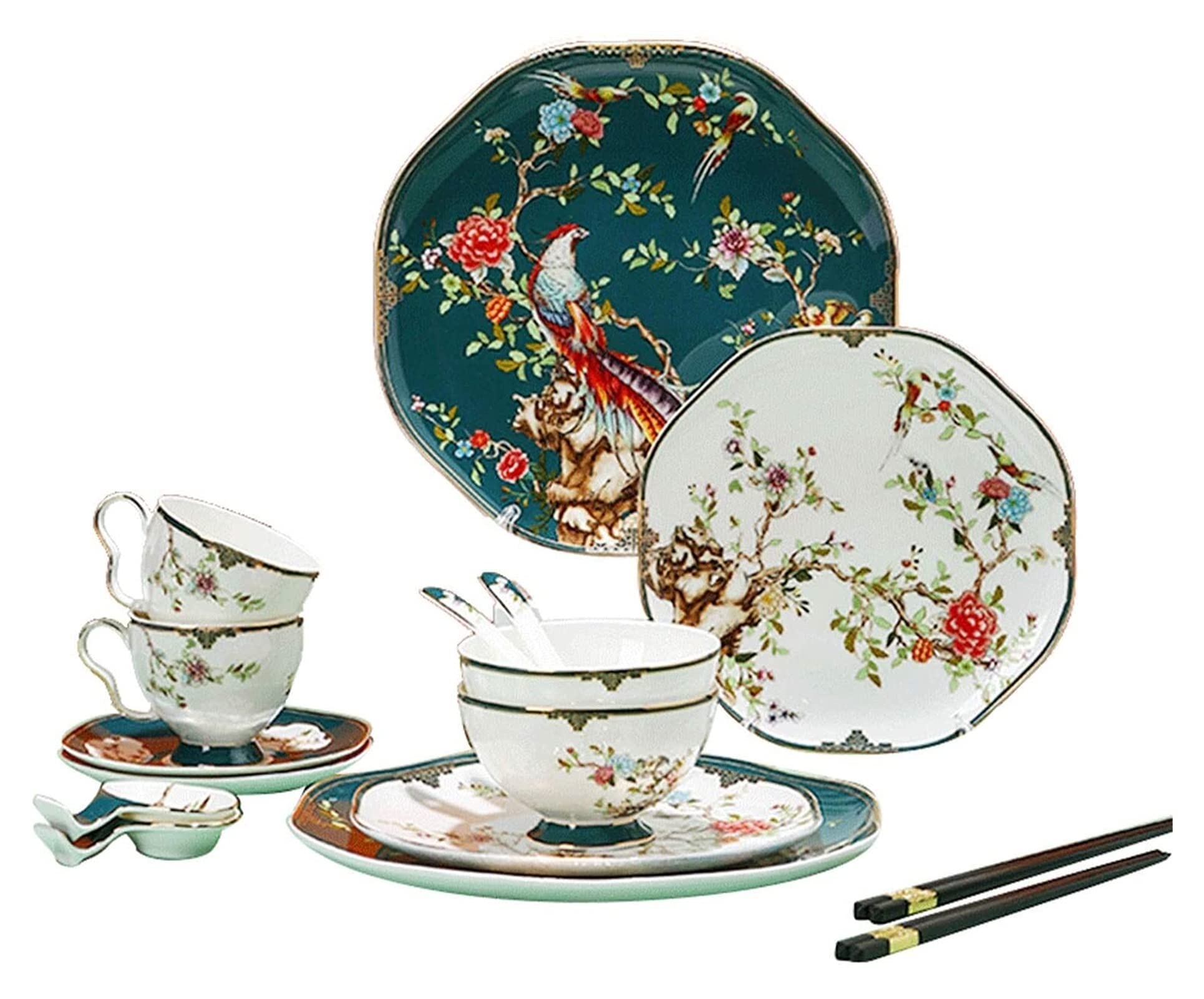 Juegos de vajilla - Juego de Servicio de vajilla de Regalo de Lujo, Juego de vajilla de Porcelana Fina de 16 Piezas, Juego de Cena con Platos de Flores, Cuencos Altos,
