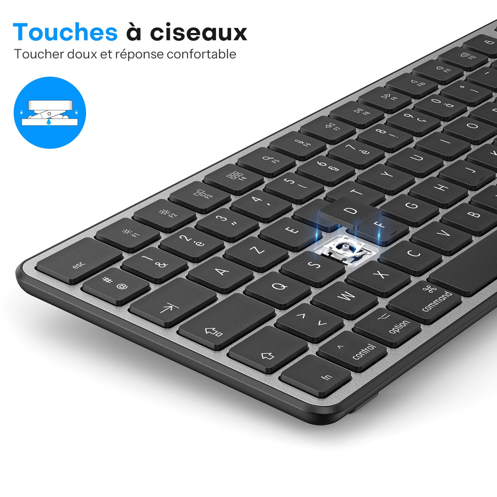 OMOTON Kit Clavier et Souris sans Fil Bluetooth pour Mac Rechargeable, Gris | AZERTY Français, 3 Canaux Bluetooth, Ultra Slim, Clics Silencieux, pour Apple Mac Pro/Mini, MacBook Neo/Air, iMac, iMac Pro