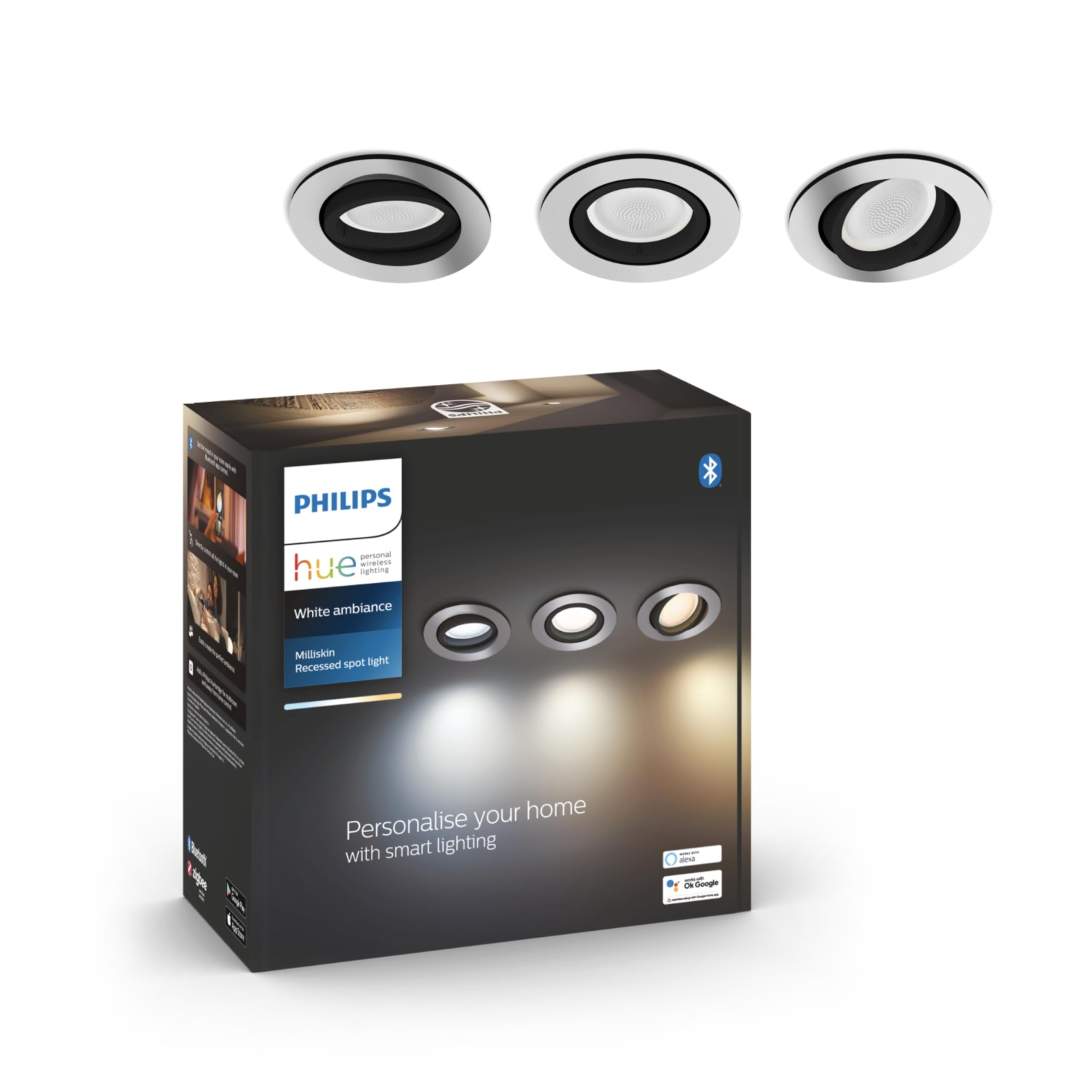 Philips Hue White Ambiance, Milliskin spots encastrés blancs 3x5W, compatible Bluetooth, fonctionne avec Alexa, Google Assistant et Apple Homekit