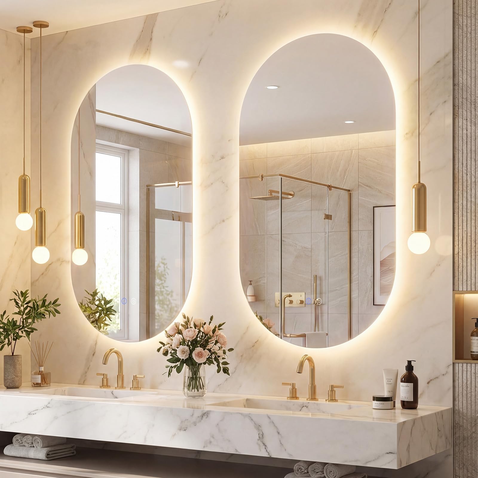COSTWAY Specchio per Bagno con Luce 90 x 55 cm, Specchio Ovale da Parete Infrangibile con Oulsanti Touch, 3 Colori Dimmerabili, Antiappannamento e Vetro Temperato HD IP44 (90 x 55 cm, Modello 4)