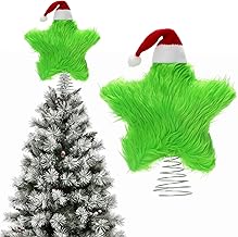 Plush Christmas Tree Topper Star, 19CM Fluff Star with Mini Christmas Hat - Green