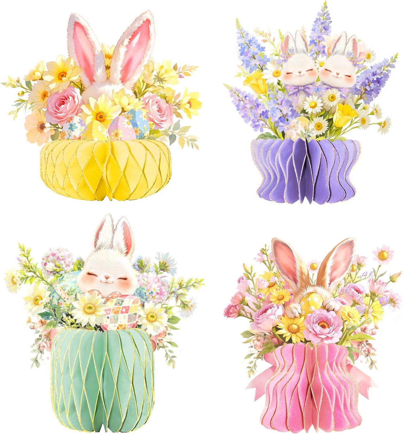 Easter Centerpiece Decorations, 4 PCS Vase-Shaped Honeycomb Decoration with Easter Bunny Floral Pattern, 3D Glitter Paper Honeycomb Table Centerpiece for Spring Easter Holiday Home Decor