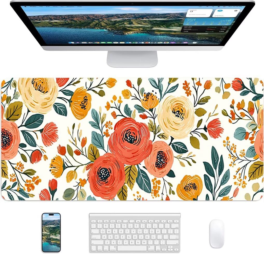 Wxuaixnn Fiore Tappetino Mouse Gaming XXL 160x80cm Tappetino Scrivania, Impermeabile Tappeto Mouse con Base in Gomma Antiscivolo, Non-Slip Rubber Base, Bianco Mousepad XXL per Gamer e Ufficio -10200