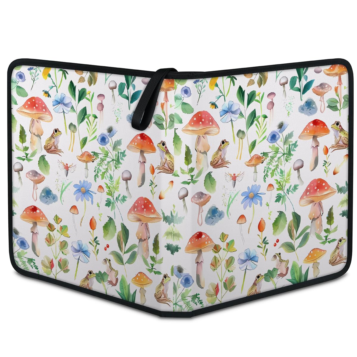 Raccoglitore per carte collezionabili con 4 tasche ad acquerello a forma di fungo, raccoglitore per carte con foglie di rana, con maniche rimovibili, impermeabile, con cerniera, 50 pagine, capacità
