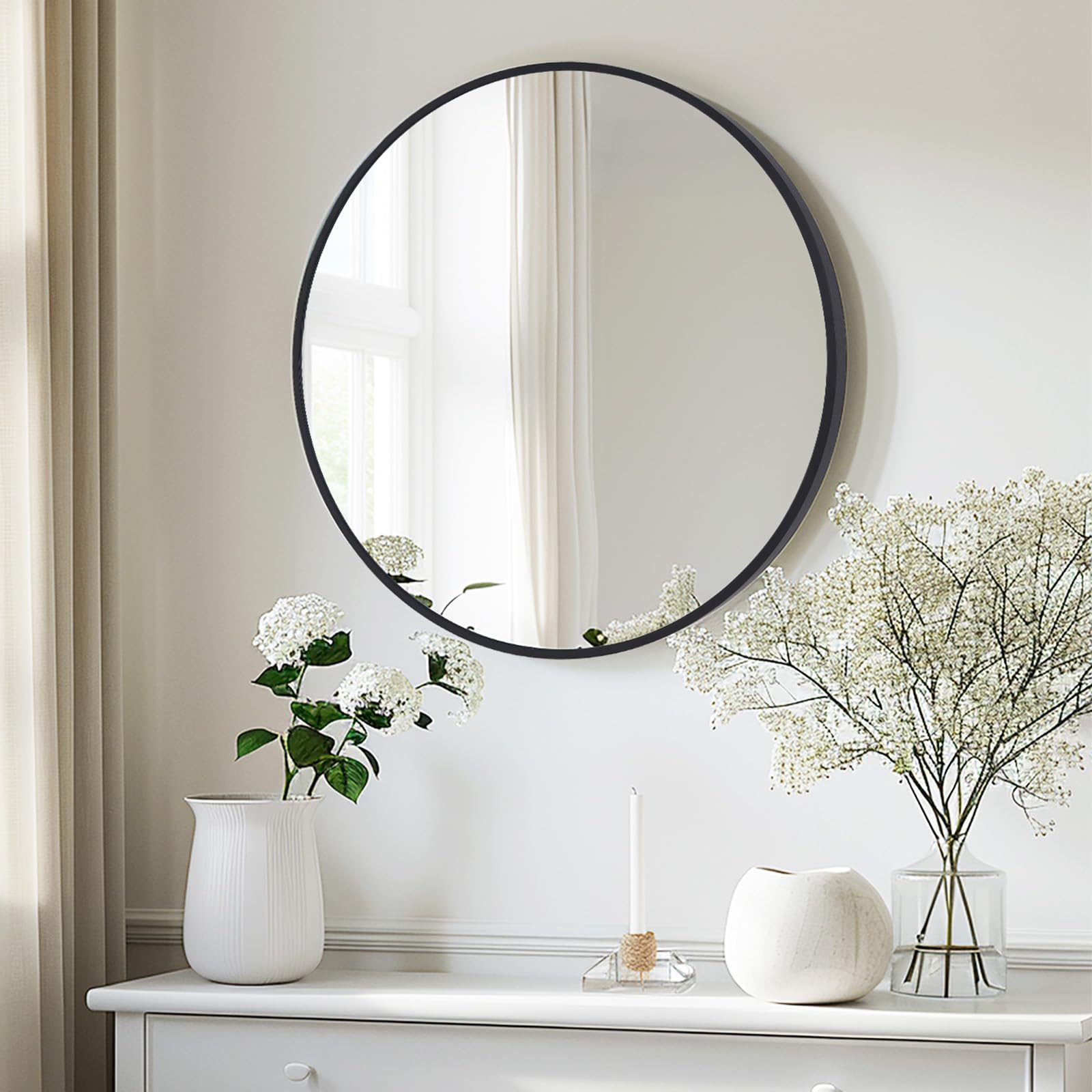 LunaMirror Round Wall Mirror 60x60 CM Circle Wall-Mounted Bathroom Vanity Mirror Stylish Black Aluminum Frame Home Decor Hanging for Bathroom Hallway Entrance Living Room Bedroom