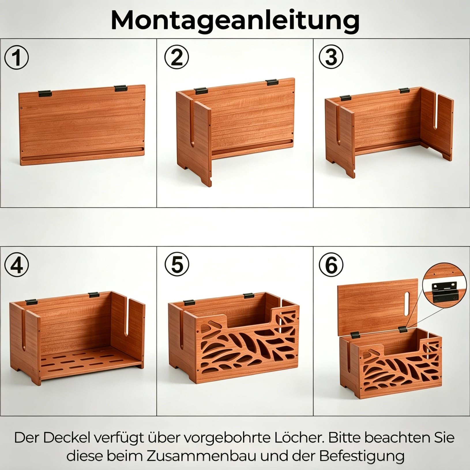 Große Kabelbox Holz mit Deckel zum Verstecken von Kabeln für Zuhause & Büro | Kabelmanagement box gegen Kabelsalat, HxBxT: 20,5 x 34,4 x 20 cm, Steckdosenbox mit Lüftung für Steckdosenleisten Verstecken