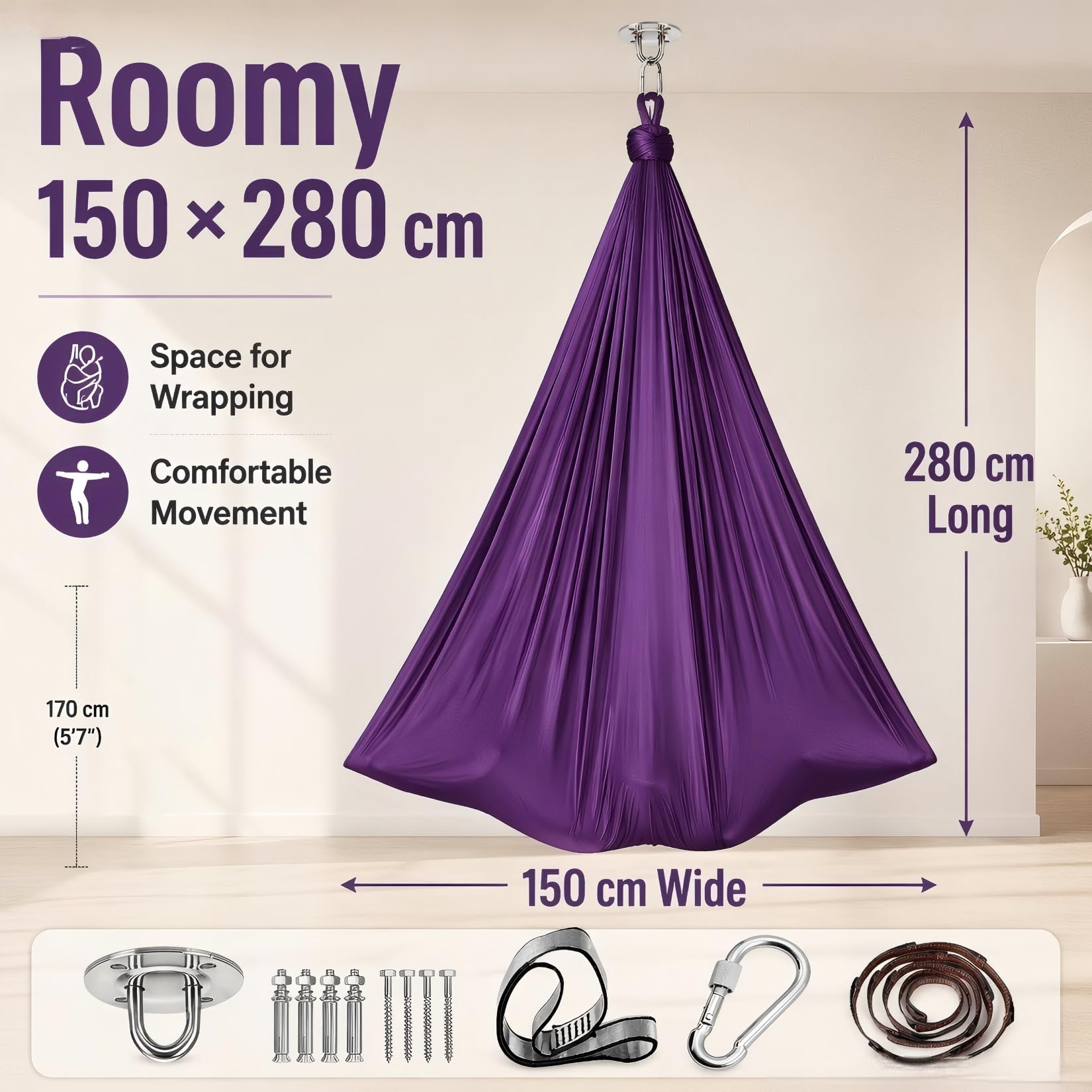 Hamaca de Yoga aérea de 280x150 cm, Columpio Colgante para Yoga con Accesorios, soporta hasta 200 kg, Ideal para Entrenamiento y estiramientos (Morado)