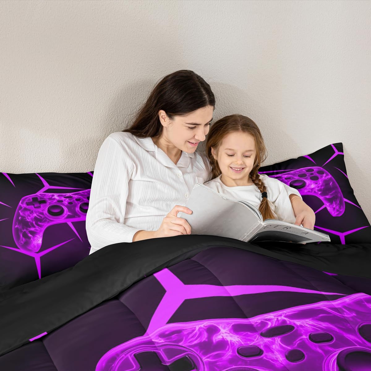 Black Purple Game Controller Bedding Sets Full Size,Stereoscopic Flame Gamepad Print Reversible Down Comforter Breathable Polyester Quilt Set,3D Neon Abstract Art Geometric Duvet Insert,2 Pillowcases