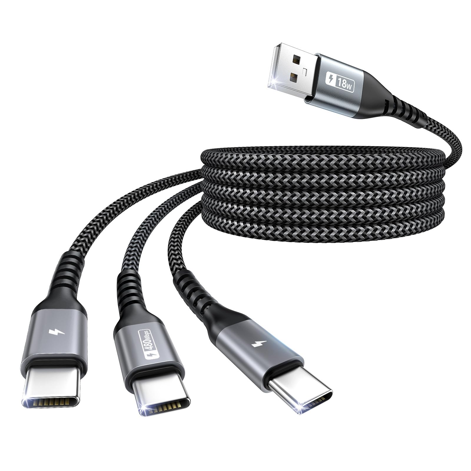 SUNGUY USB auf USB C kabel 1.5m, QC 3.0 USB C Splitterkabel 3 in 1 kabel mit 3 USB C Anschlüssen Nylon Multi USB Kabel für iPhone 17/16/15 Series, Galaxy S25 S24, Huawei, Google, AirPods Pro 2th