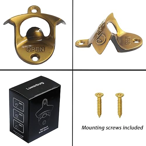 Miniatura 5 de Abridor de botellas Cheers montado en la pared de acero inoxidable para cerveza, montaje en poste dorado antiguo (paquete de 2)