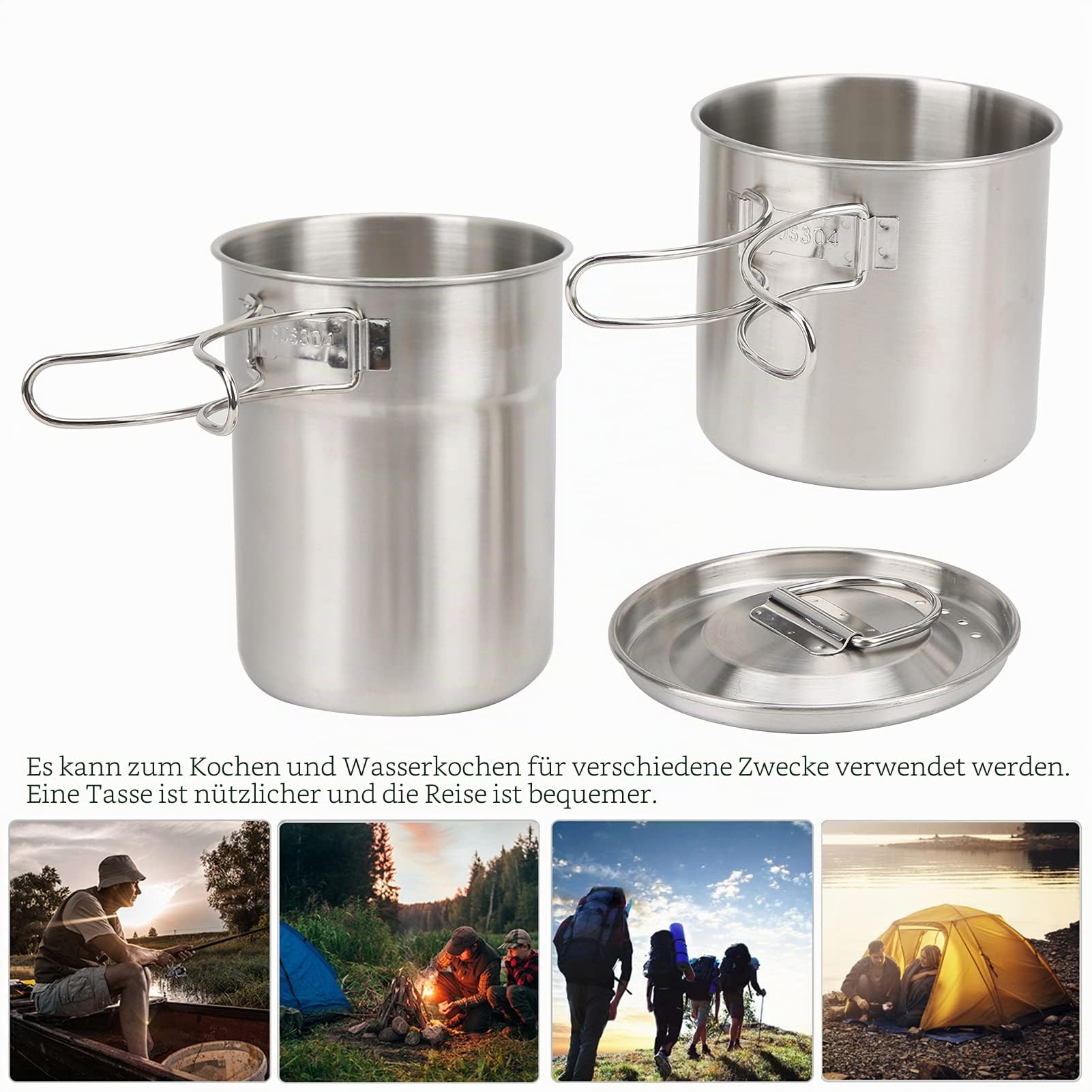 Küchentasse aus Edelstahl, 2-teilig, Küchentasse aus Edelstahl, faltbar, für den Außenbereich, Camp Cook Topf, Camping, Kochgeschirr