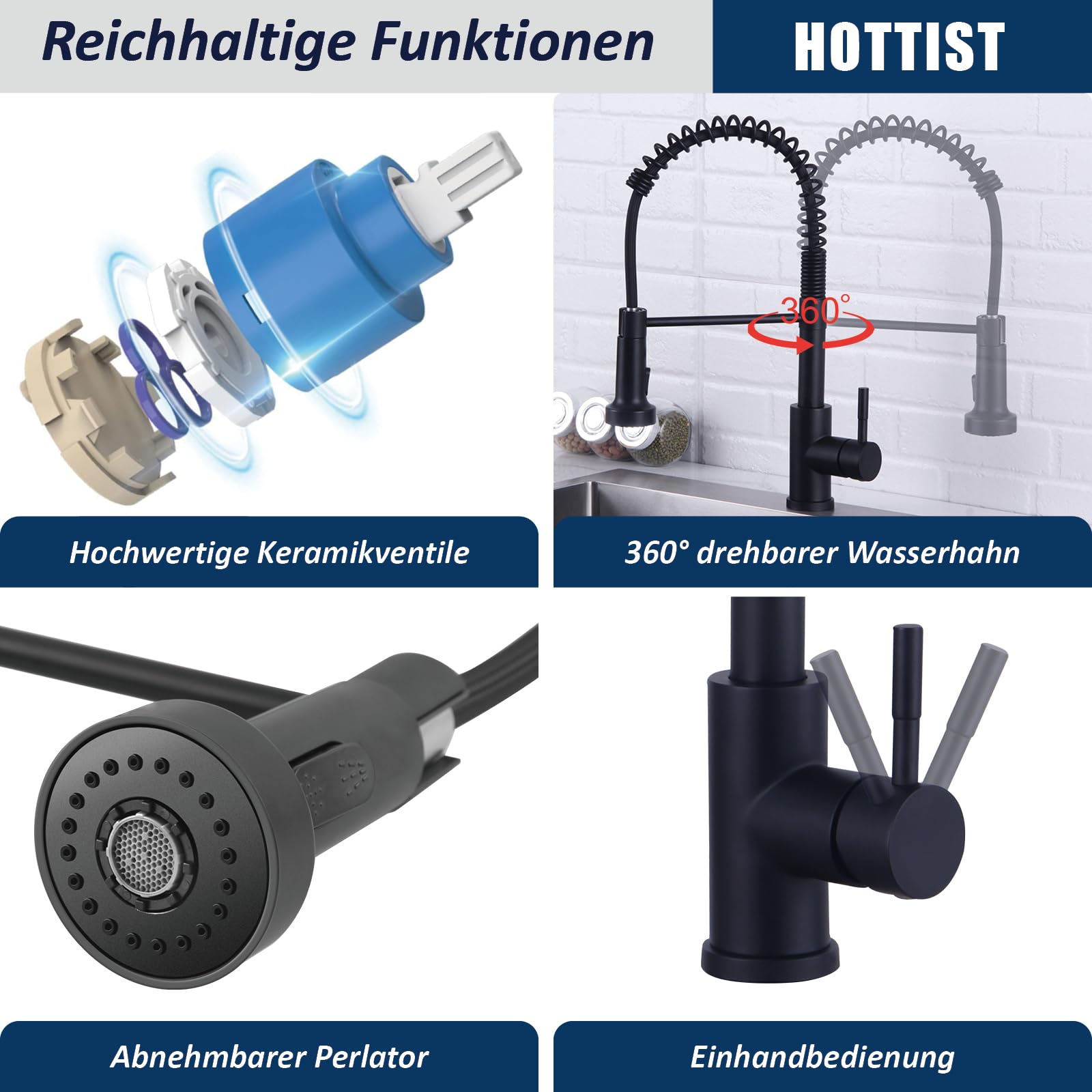 Wasserhahn Küche Schwarz, Hochdruck Küchenarmatur mit Brause Ausziehbar, Hoher Bogen Mischbatterie Küche 360°Drehbar 2 Sprühfunktionen, Spiralfeder Spültischarmatur Edelstahl, Mattschwarz