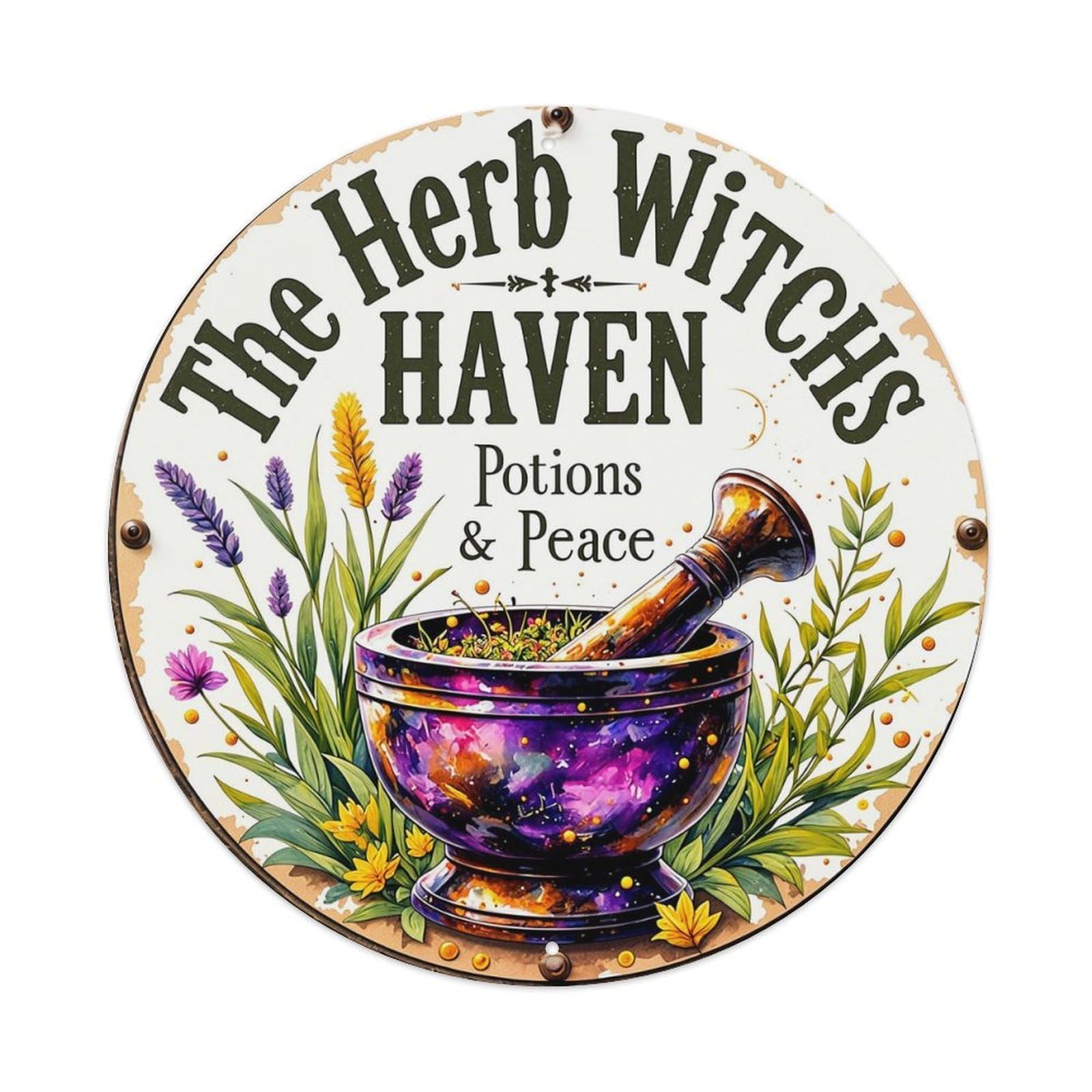 Herb Witch Haven Potion Peace Retro Metal Sign Round Tin Sign, Vintage Decor Art Poster for Bar, Home, Man Cave, Kitchen, Laundry Room Gift 8x8Inch