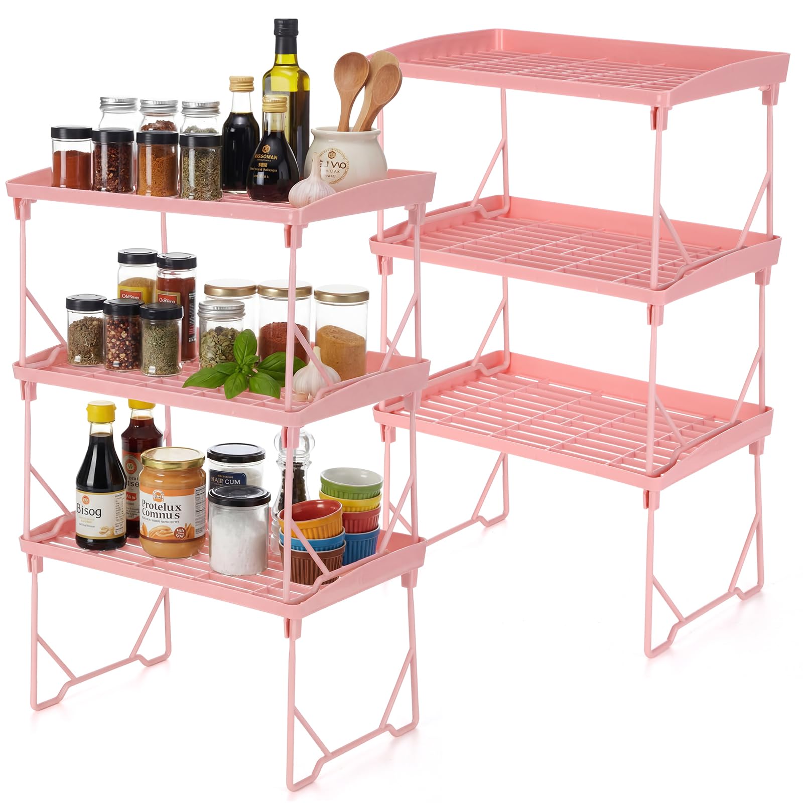 6 Pack Pink Stackable Plastic Kitchen Storage Shelf Foldable Racks, Pantry Shelf Cabinet Organizers, Expandable Storage Rack for Cabinet Fridge Bathroom (Plastic)