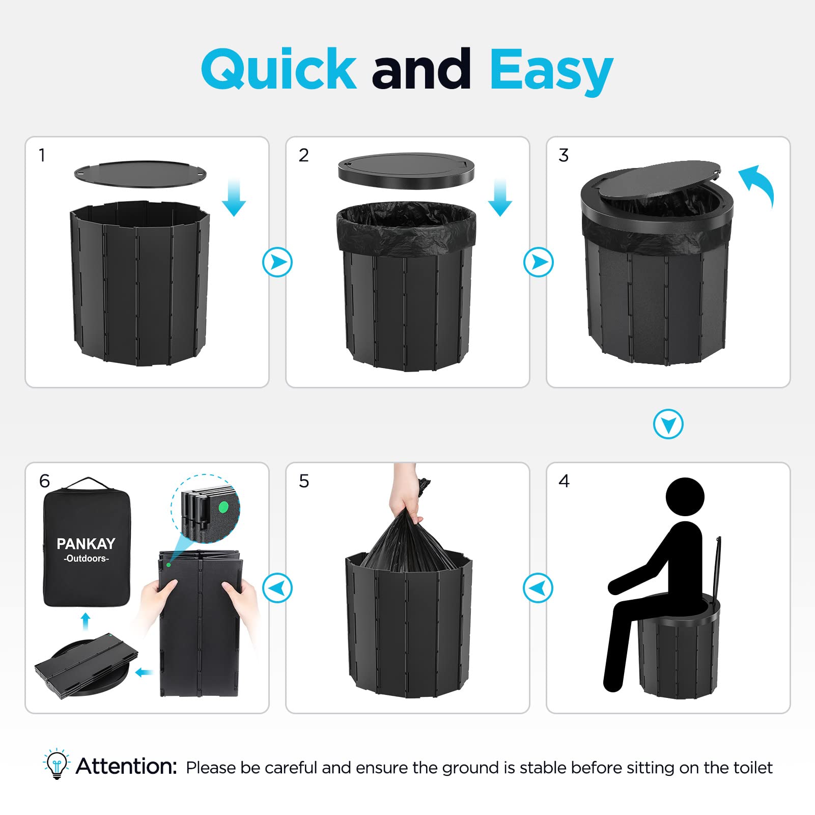 PANKAY Portable Toilet for Camping, 15.8" Extra Large Camping Toilets Portable Potty for Adults, Travel Toilet with Handbag, Easy Set Up, Lightweight and Sturdy, Camp Toilet for Car Boat Hiking Beach