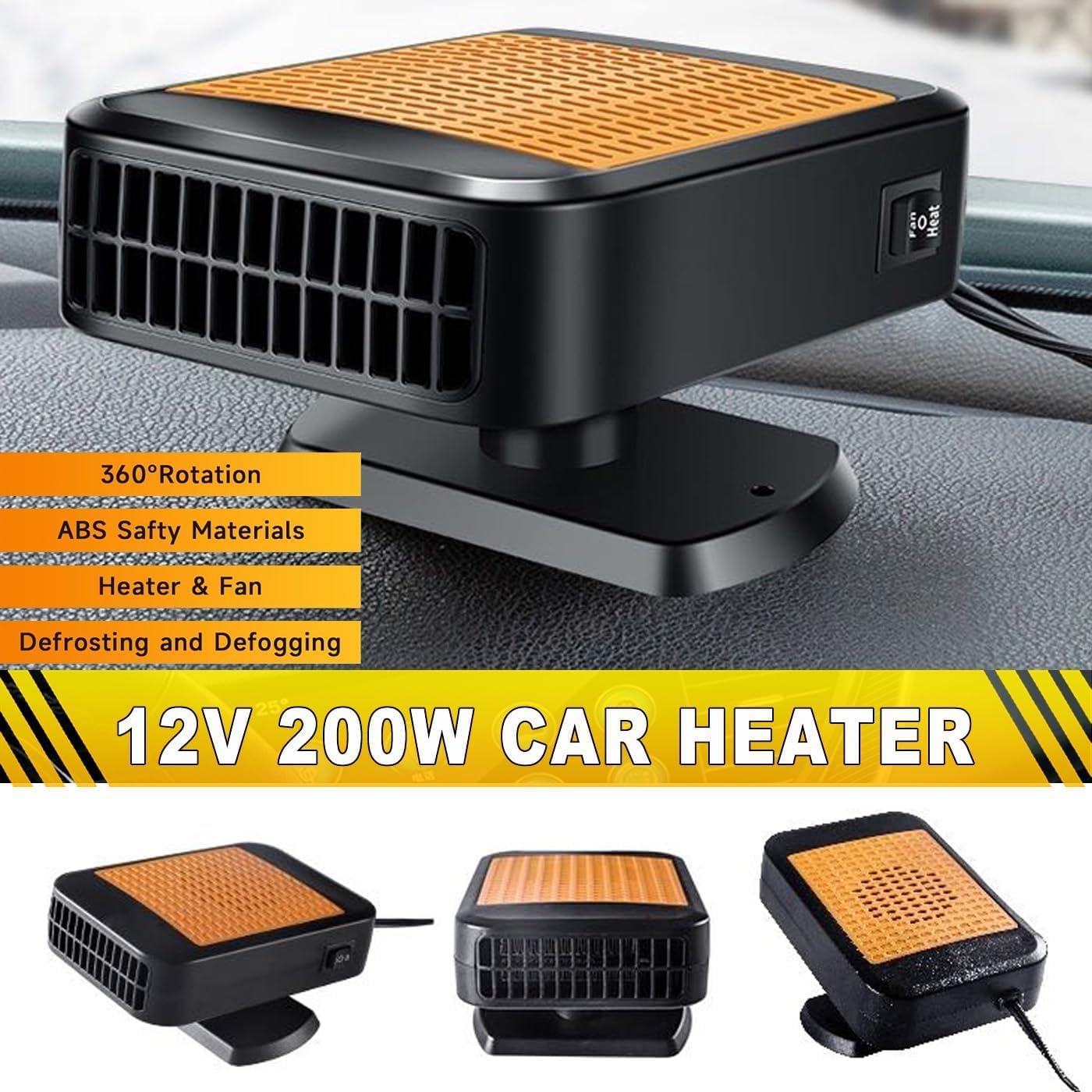 Auto Heizung, 12V 200W Tragbar Schnell Aufheizend Autoheizung, Windschutzscheiben-Defogger, Stecker für Zigarettenanzünder, 360-Grad-Dreh-Demister für 12V Fahrzeuge