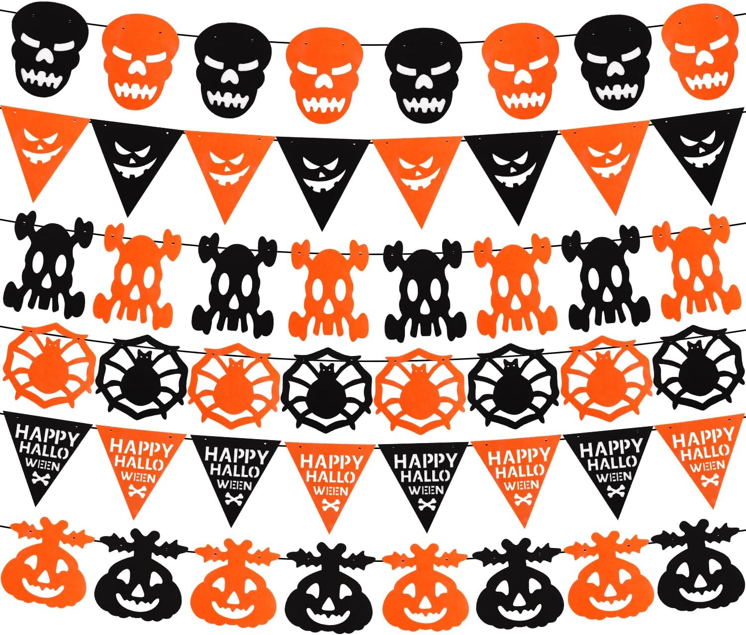 6PCS Felt Halloween Banner with Skull Evilface Skeleton Spiderweb Pumpkin Triangular Indoor Outdoor Hanging Banner DIY Happy Halloween Decor Orange and Black Decor for Wall Mantle Classroom