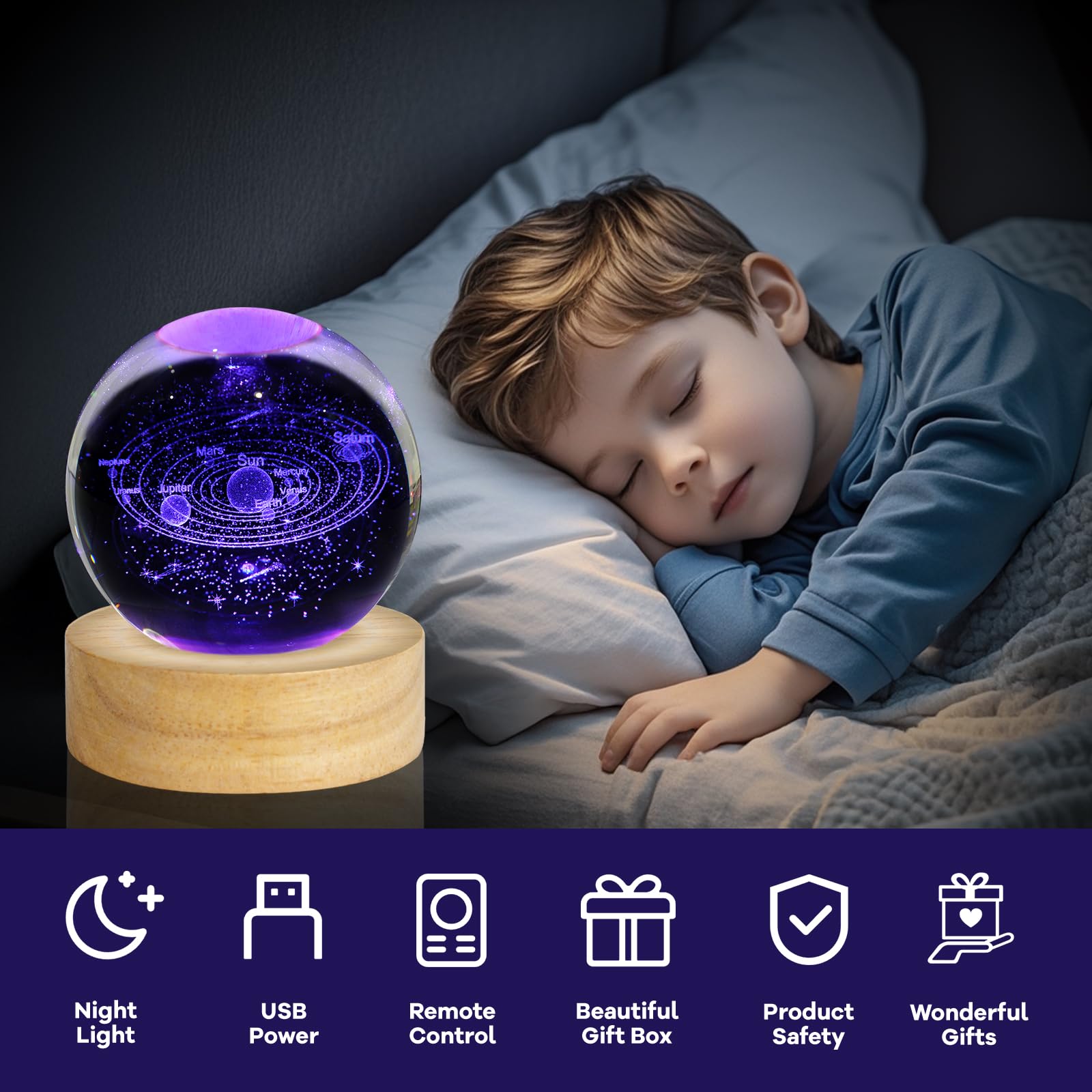 Lampada da tavolo in vetro 3D con pianeti galattici da 6,1 cm, con 16 colori che cambiano telecomando, per compleanno, Natale, astronomia, spazio, regali per ragazzi e ragazze