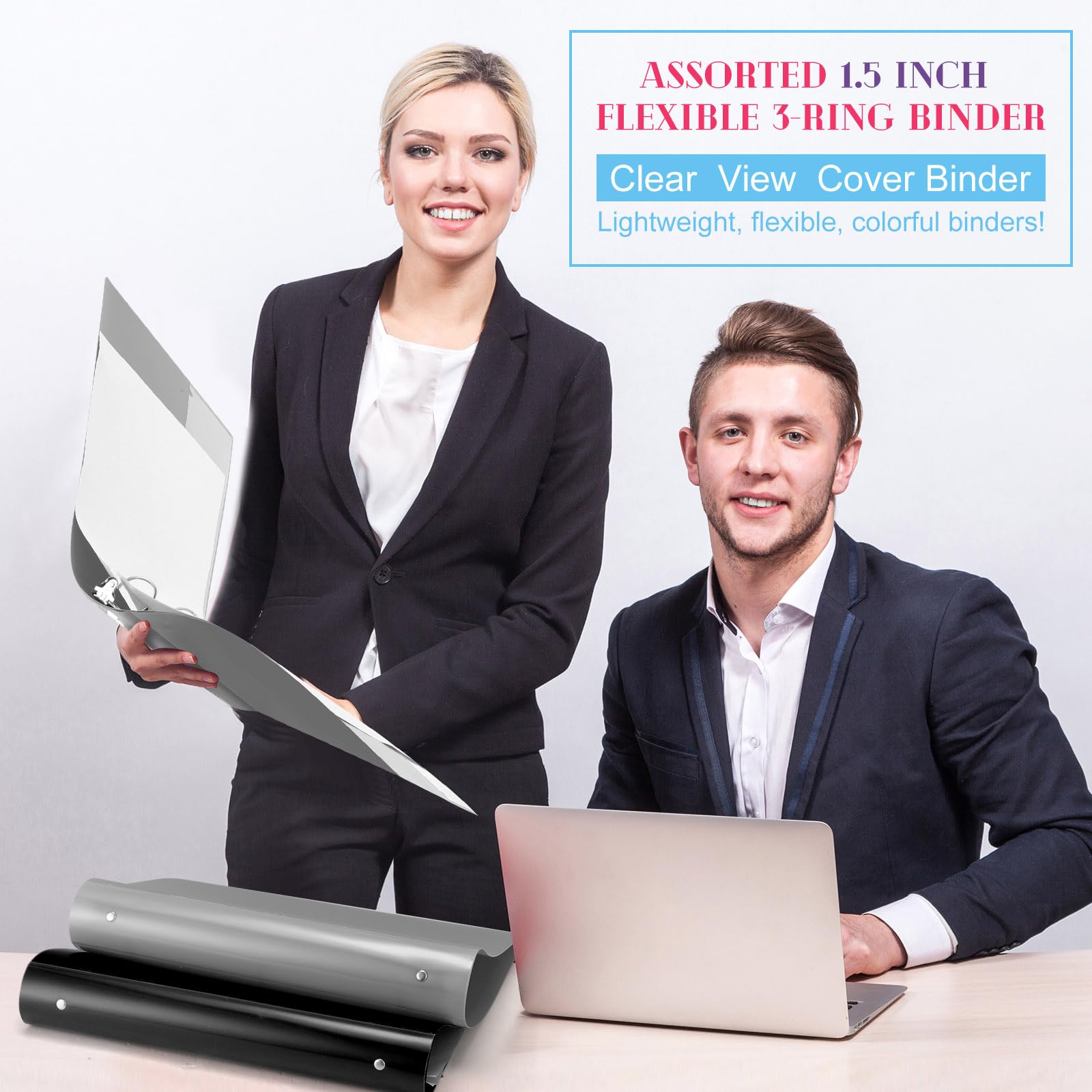 Fulmoon 6 Pack Plastic 3 Ring Binder Assorted Colors Economy Flexible Binder Round Ring Presentation Binders with Pocket for Office School Meeting(Solid, 1.5 Inch)