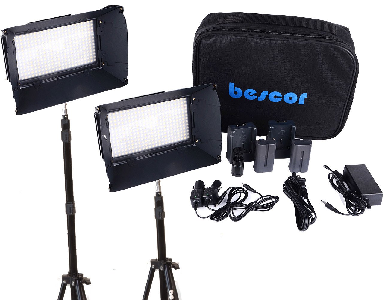 Bescor FP-312K 2-Point LED Light Kit, Includes 2x FP-312 On-Camera Bi-Color LED Light, 2x LS180 Light Stand, 2x AC Power Supply