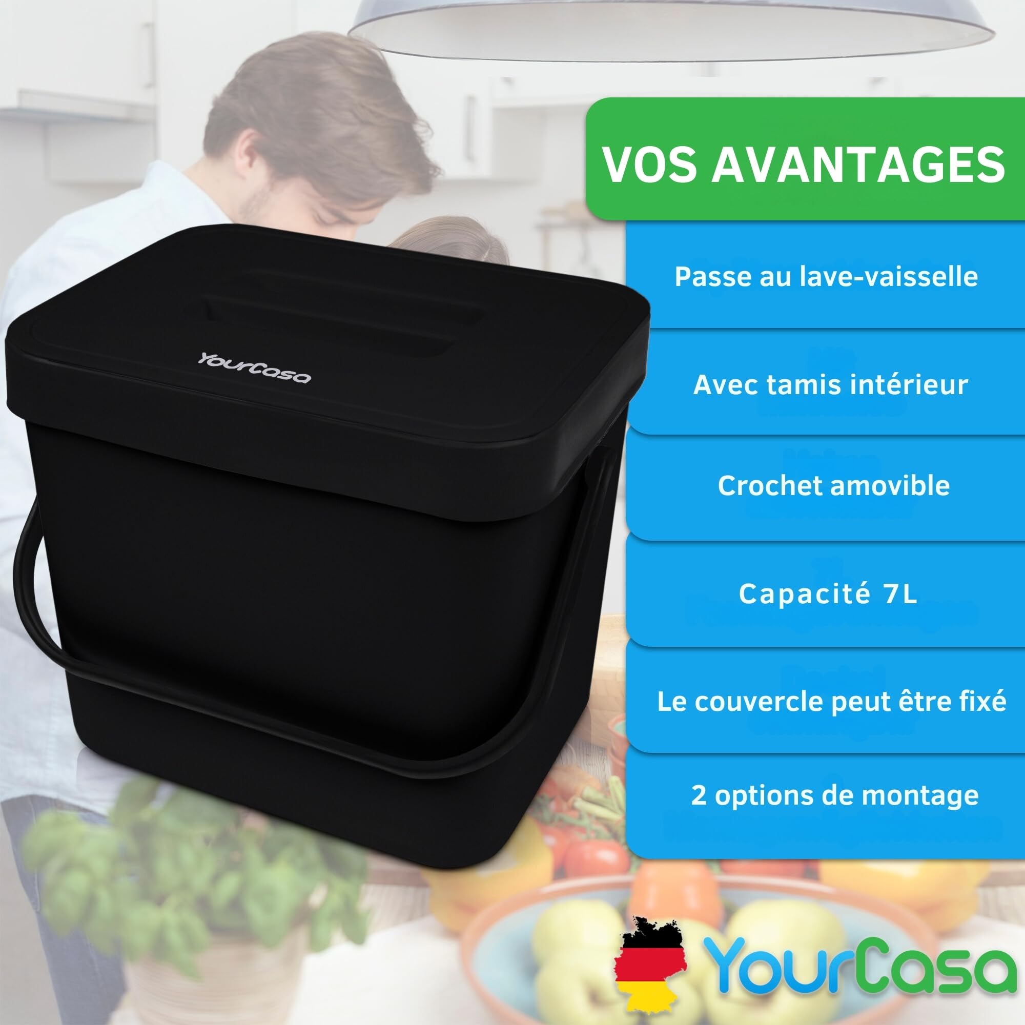 YourCasa® Poubelle de cuisine 7L à suspendre - Passoire à compost - Passe au lave-vaisselle - Anti-odeurs (noir)