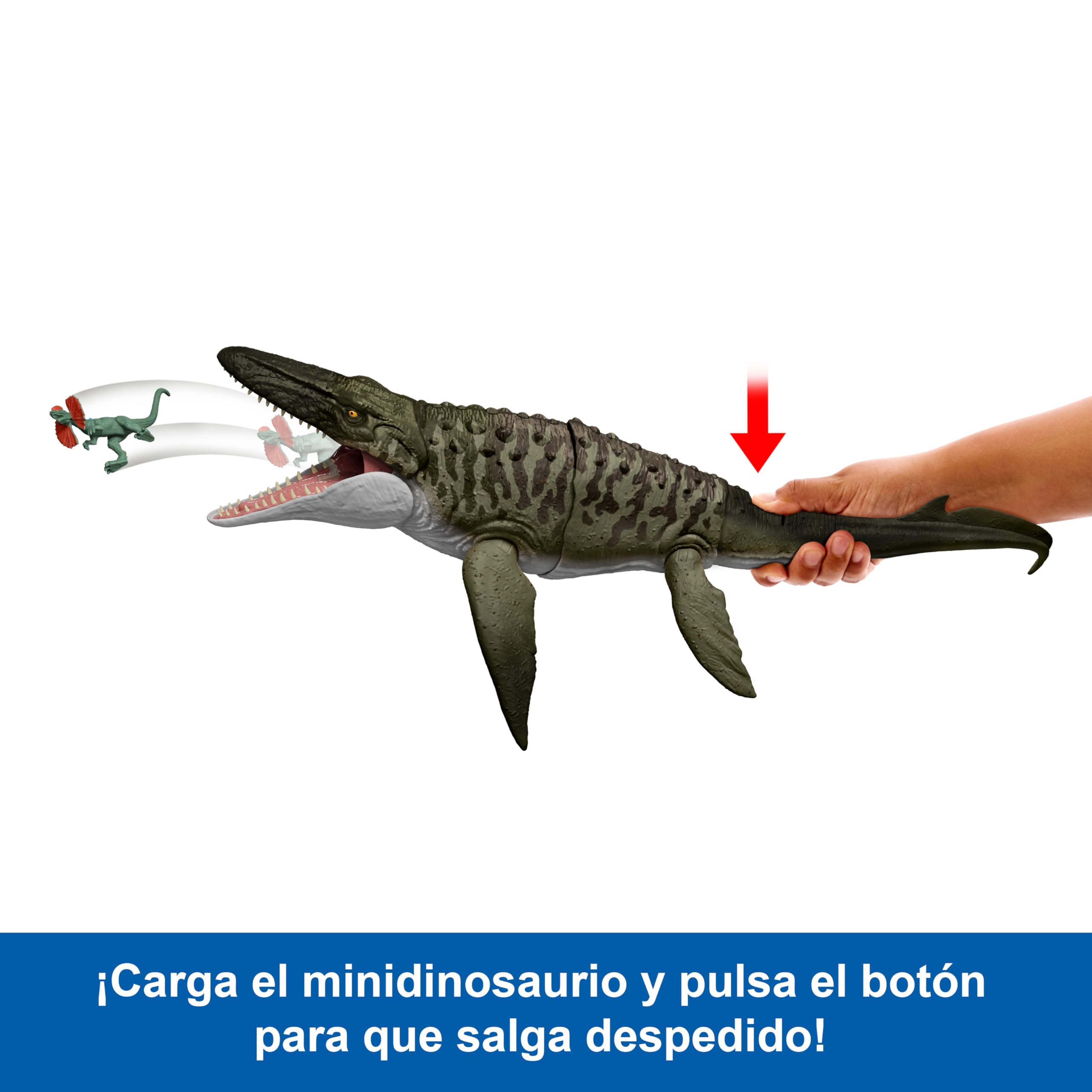 Mattel Jurassic World: El Renacer Mosasaurio Mordedor y minifigura de Dilofosaurio, juguete de dinosaurio con mandíbula ancha, figura articulada fiel a la película, juego digital, JJP80
