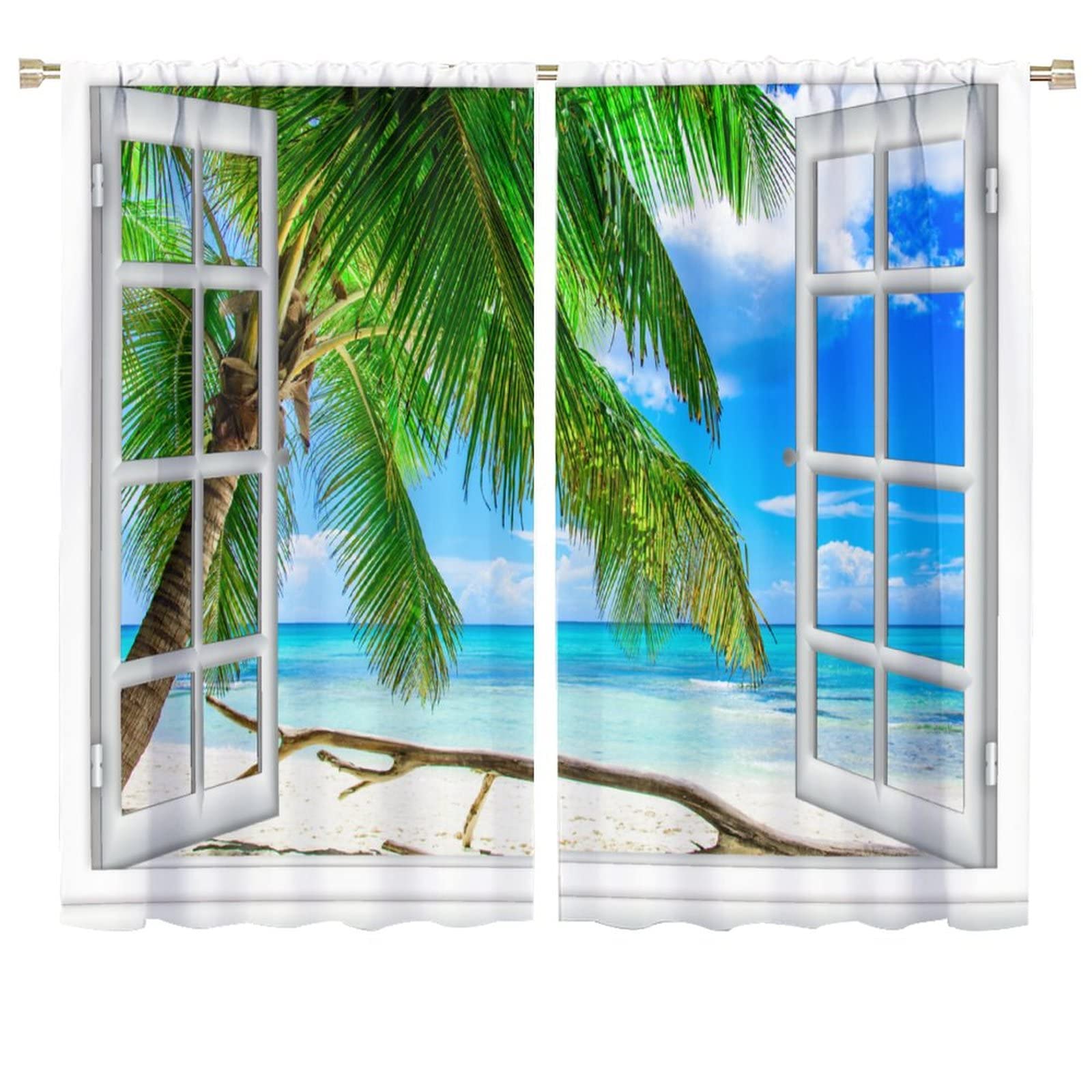 Beach Curtains Summer Tropical Ocean Exotic Palm Trees Rod Pocket Blackout Window Drapes 2 Panels Set for Children Boys Girls Bedroom Living Room Decor 72x63in