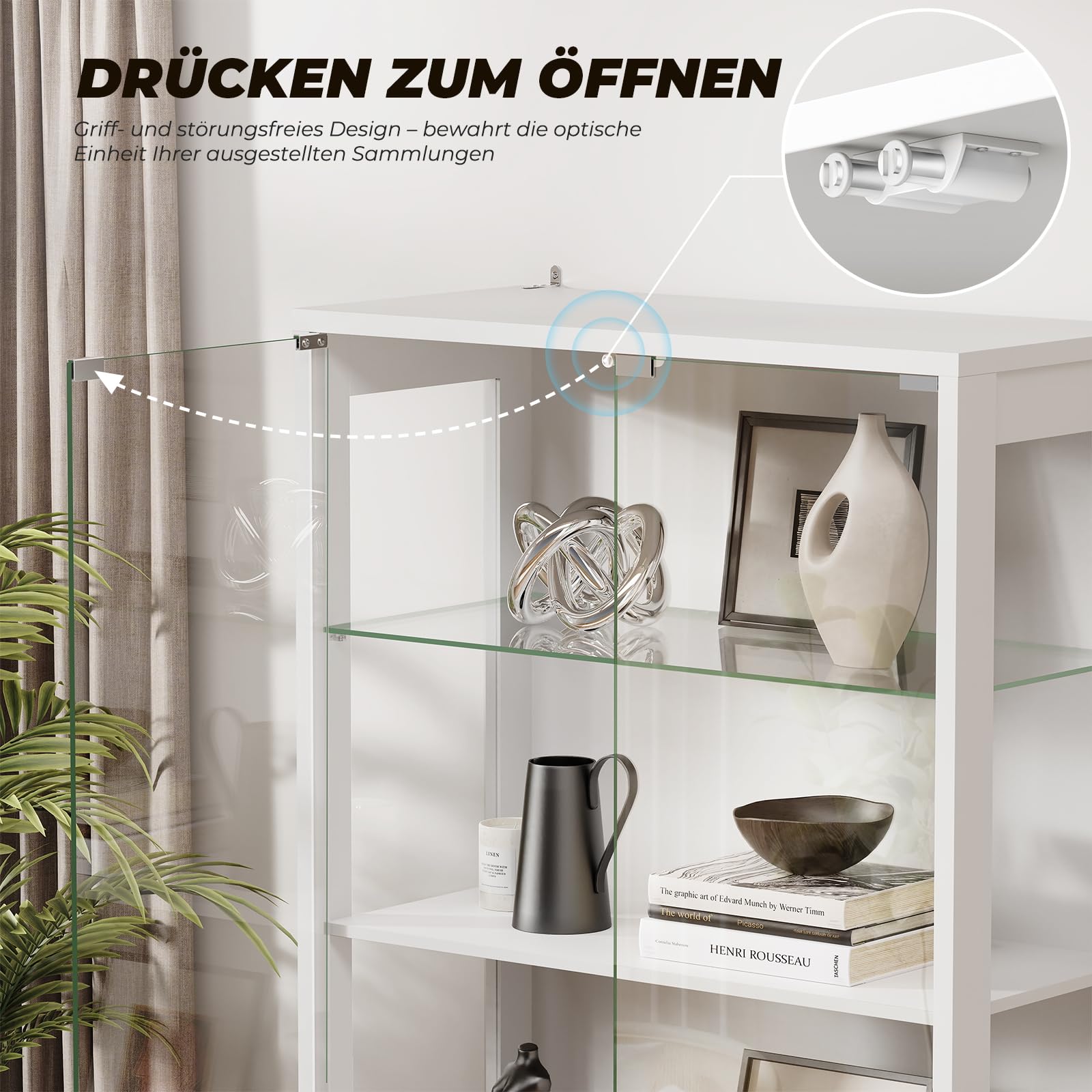BROTTAR 170 cm Vitrine mit Glastüren, 4-stöckige Vitrine mit 2 herausnehmbaren Glasböden, Vitrine für Sammlerstücke, schwarz, weiß