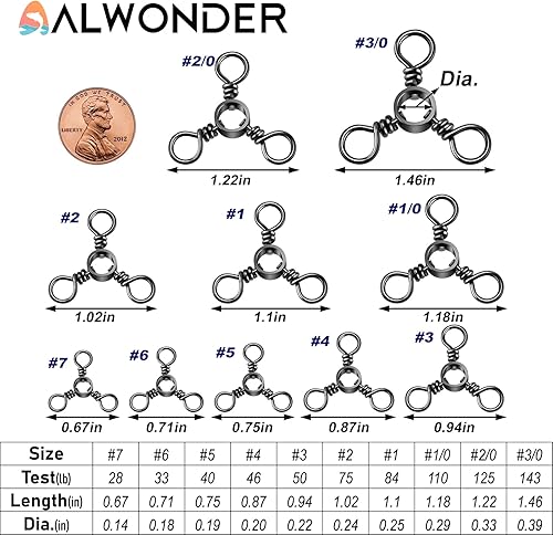 Miniatura 2 de Alwonder Paquete de 100 aparejos de pesca giratorios de 3 vías, acero inoxidable de 28 a 143 libras de níquel negro de tres vías giratorias de pesca