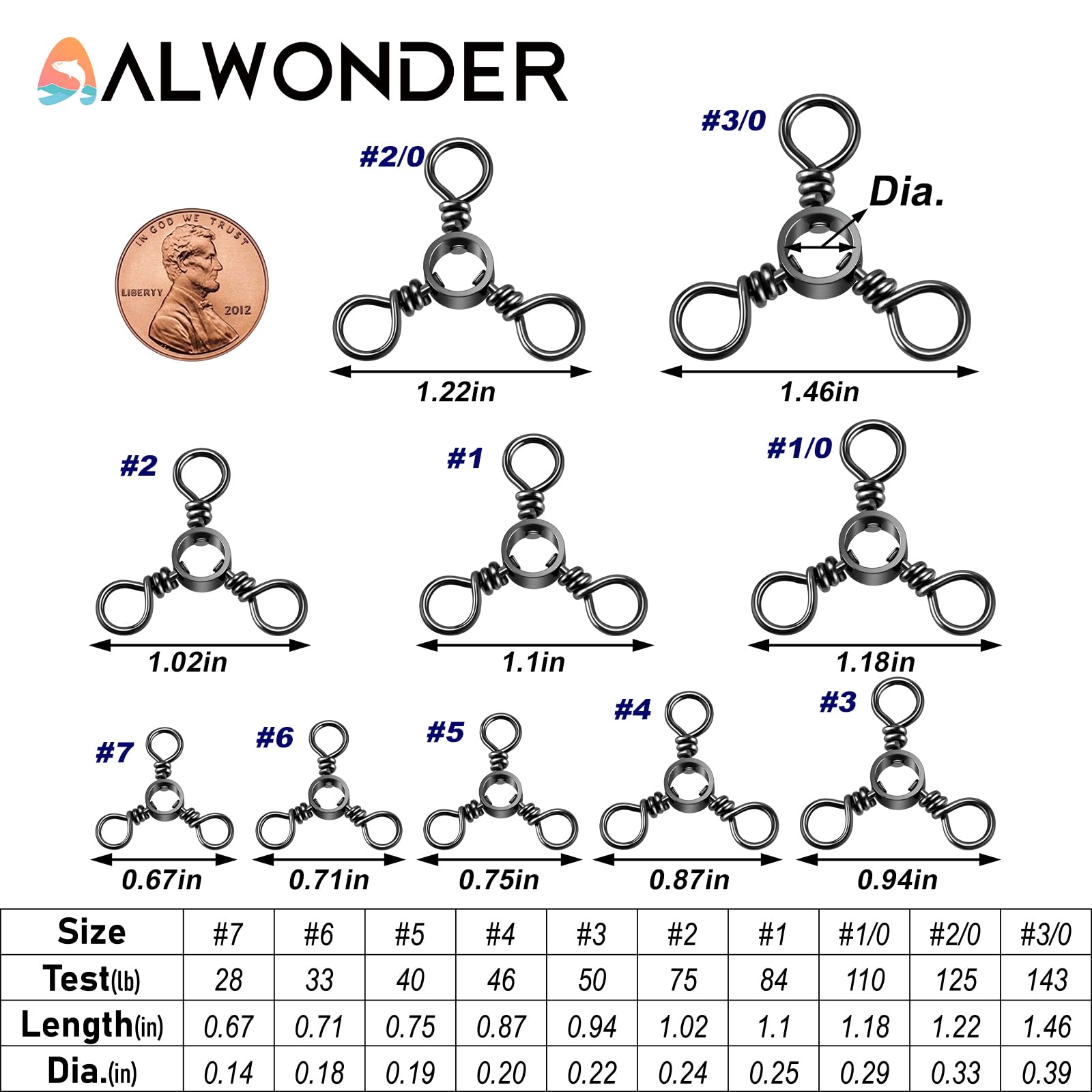 Alwonder 3-Wege-Angelwirbel aus Edelstahl, 15 kg, 100 Stück