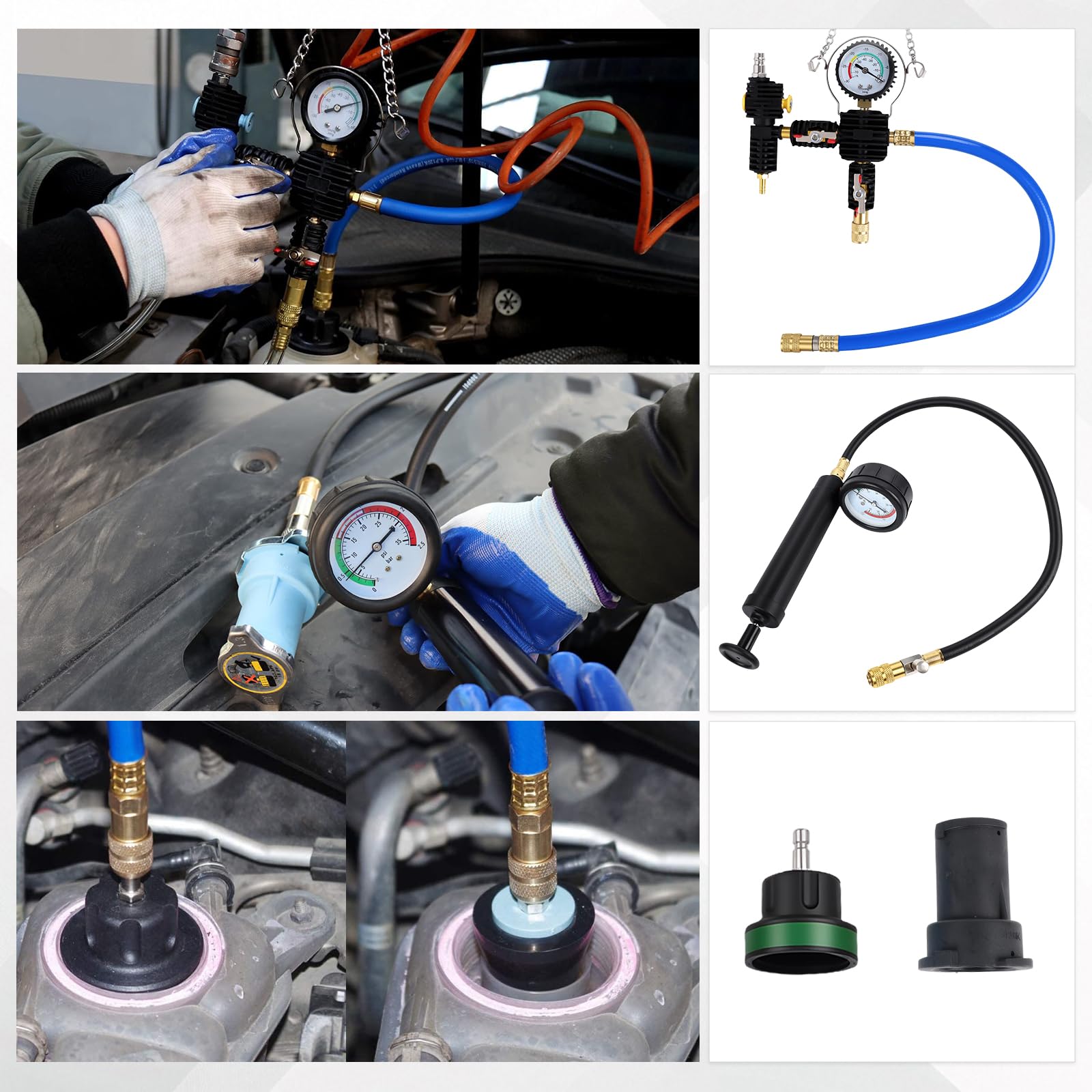 OiLiehu Kit de Presión de Refrigerante y Anticongelante 28 Piezas Universal: Probador, Purga y Llenado para Radiador de Coche, con 17 Adaptadores y 3 Tapones de Prueba