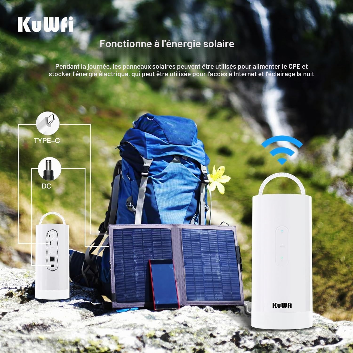 KuWFi Routeur WiFi 4G+ Cat6 AC1200 Double Bande, Emplacement SIM, 10000mAh | Internet haut débit 900 Mbps, ports Ethernet LAN/WAN, connexion portable pour camping-car et camping, avec lampe intégrée