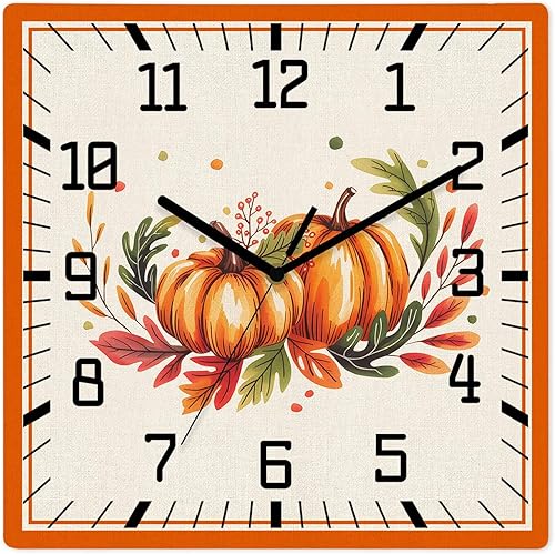 Fall Watercolor Pumpkins Wooden Wall Clock Silent Non Ticking, Farmhouse Orange Line Square Wall Clock Battery Operated, Decor Clock for Home