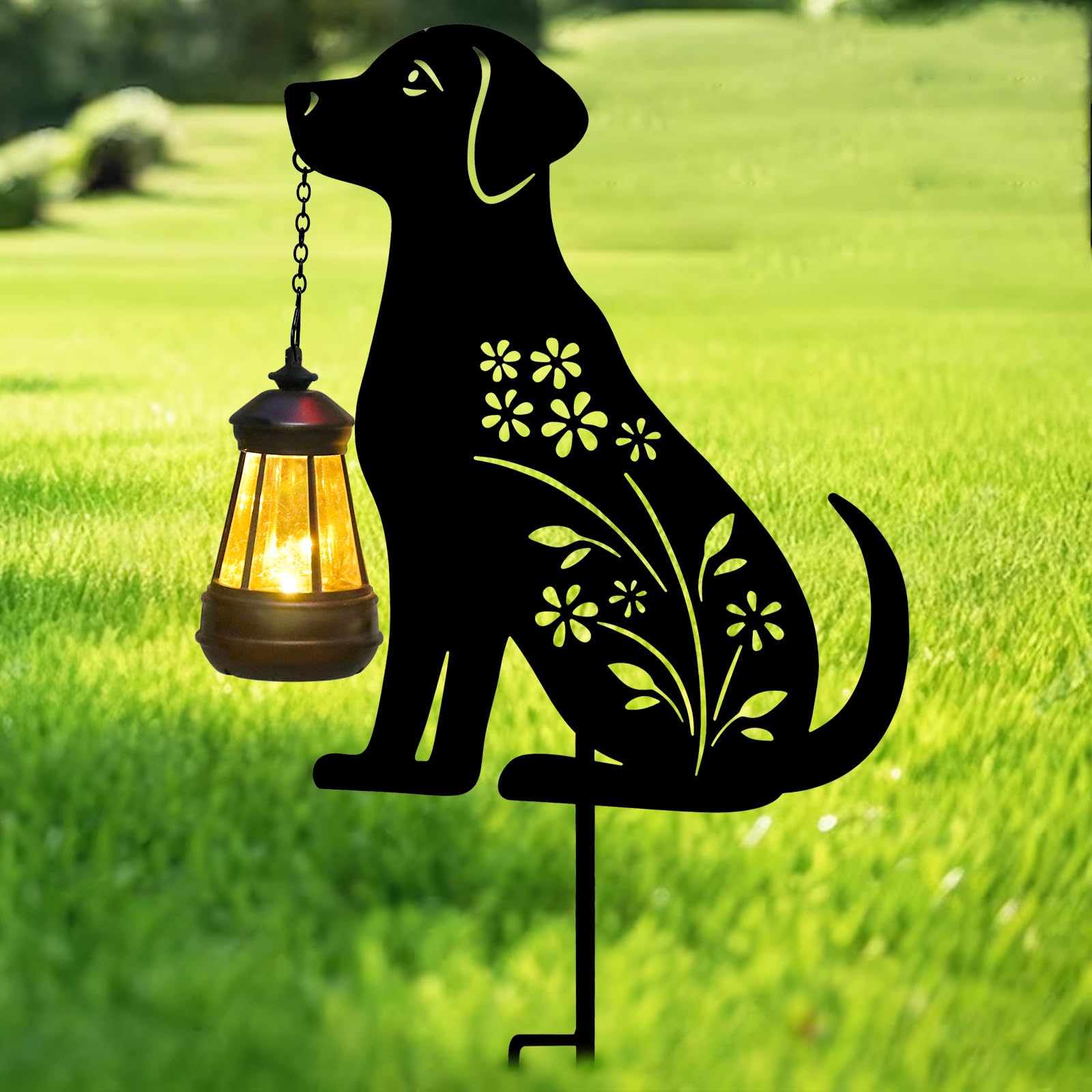 Afirst Solar Outdoor Garden Stake Solar Dog Decorative Stake Light with Lantern Decorative Lights Metal Outdoor Ornament for Yard Pathway Lawn Patio Decoration