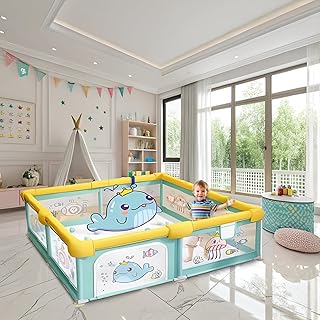 CAREIT Playards|Playpen for Kids up to 4 Years,Spacious 150x150 cm Baby Play Yard with Safety Lock &amp; Hand Grip, Thick Padd...