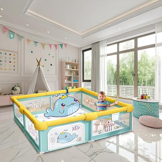 CAREIT Playards|Playpen for Kids up to 4 Years,Spacious 150x150 cm Baby Play Yard with Safety Lock &amp; Hand Grip, Thick Padd...