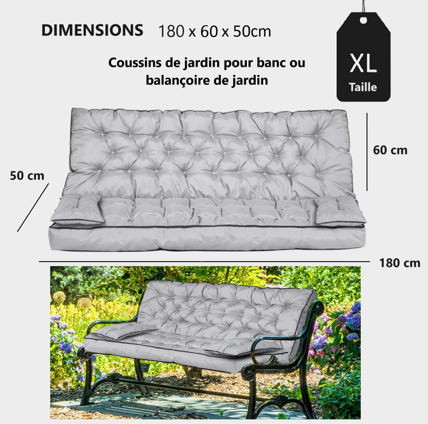 Ensemble de Coussins de Jardin pour Banc balançoire Hollywood, Coussins matelassés avec Passepoil, Sangles de Fixation, étanche, Taille XL, Coussin d’Assise