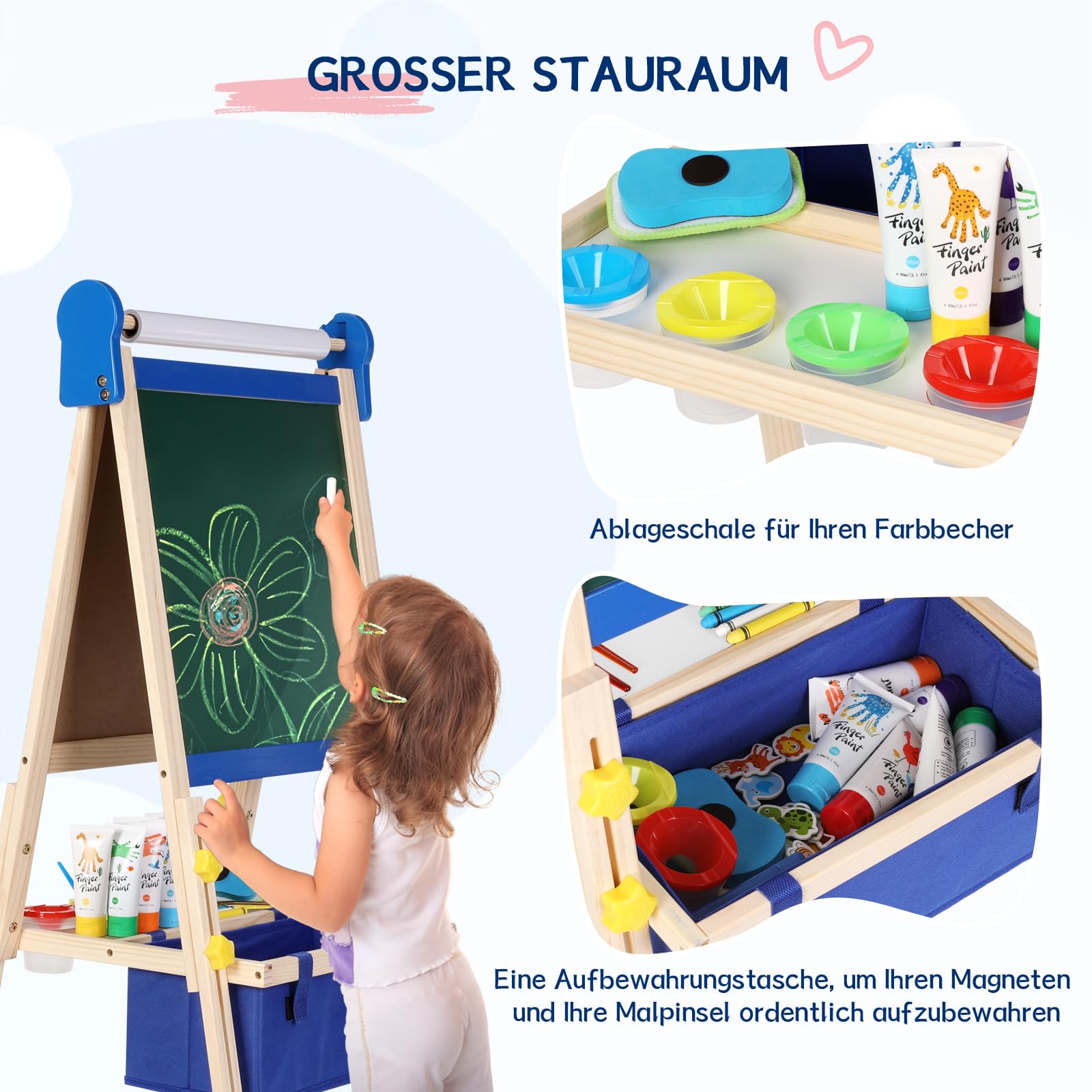 Kinder-Staffelei 3-1, magnetische Kreidetafel und Whiteboard, Papiermalerei, großer Stauraum mit Canvas-Tasche, Malsets mit Fingerfarben, Kreiden, Pinseln, Zahlenbuchstaben, Magneten, Schürze