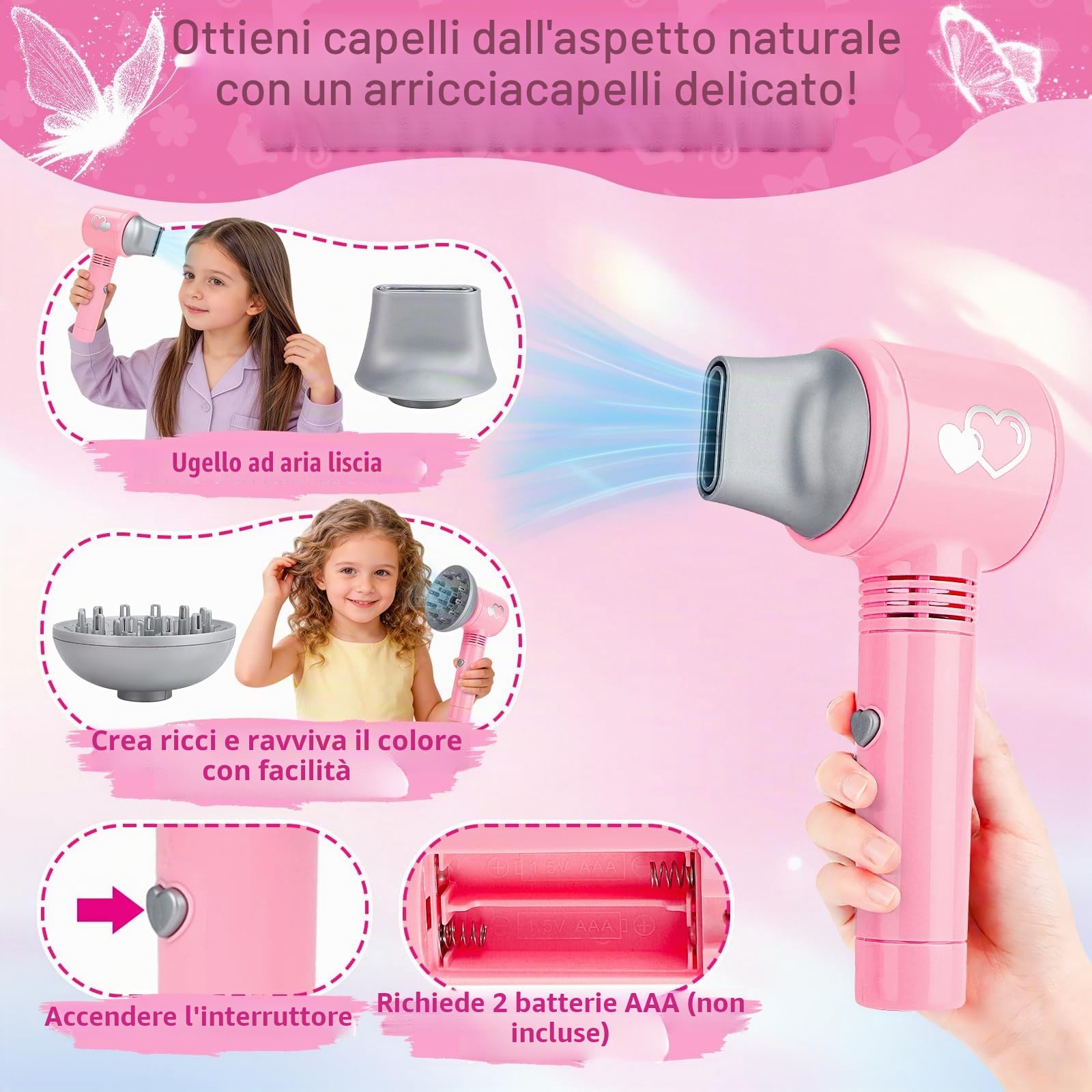 deAO Set di Salone di Bellezza per Bambine, 35 Pezzi Parrucchiere Simulazione Playset con Asciugacapelli, Ferro arricciacapelli e Altri Accessori, Kit di Trucco Simulato per Bambini