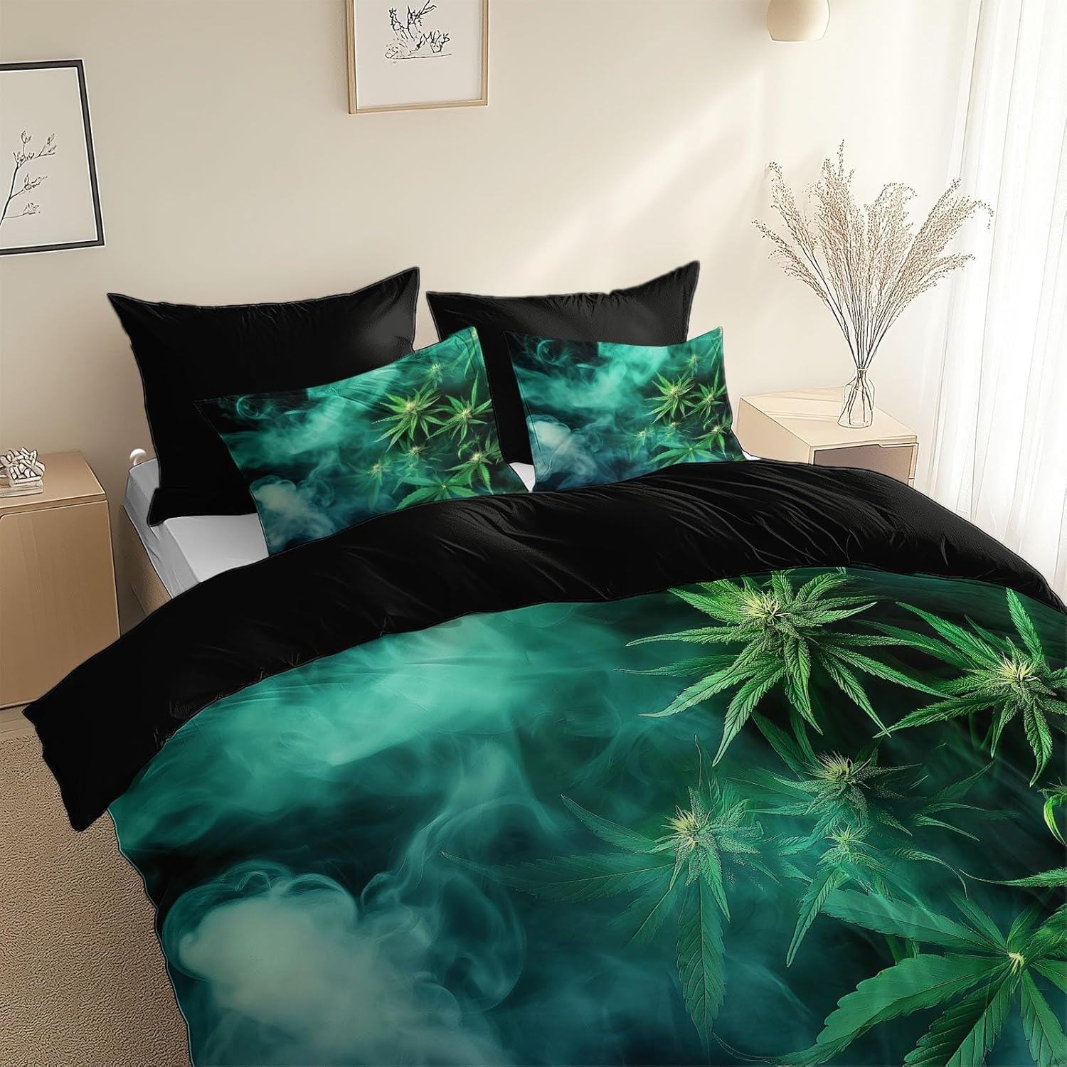 Bettwäsche 135x200 4teilig Grünes Cannabisblatt, 3D Wendebettwäsche Unkraut Microfaser Bettwäsche Set für Kinder 2 Bettbezug 135x200 cm mit 2 Kissenbezug 80x80 cm 1323-ABC