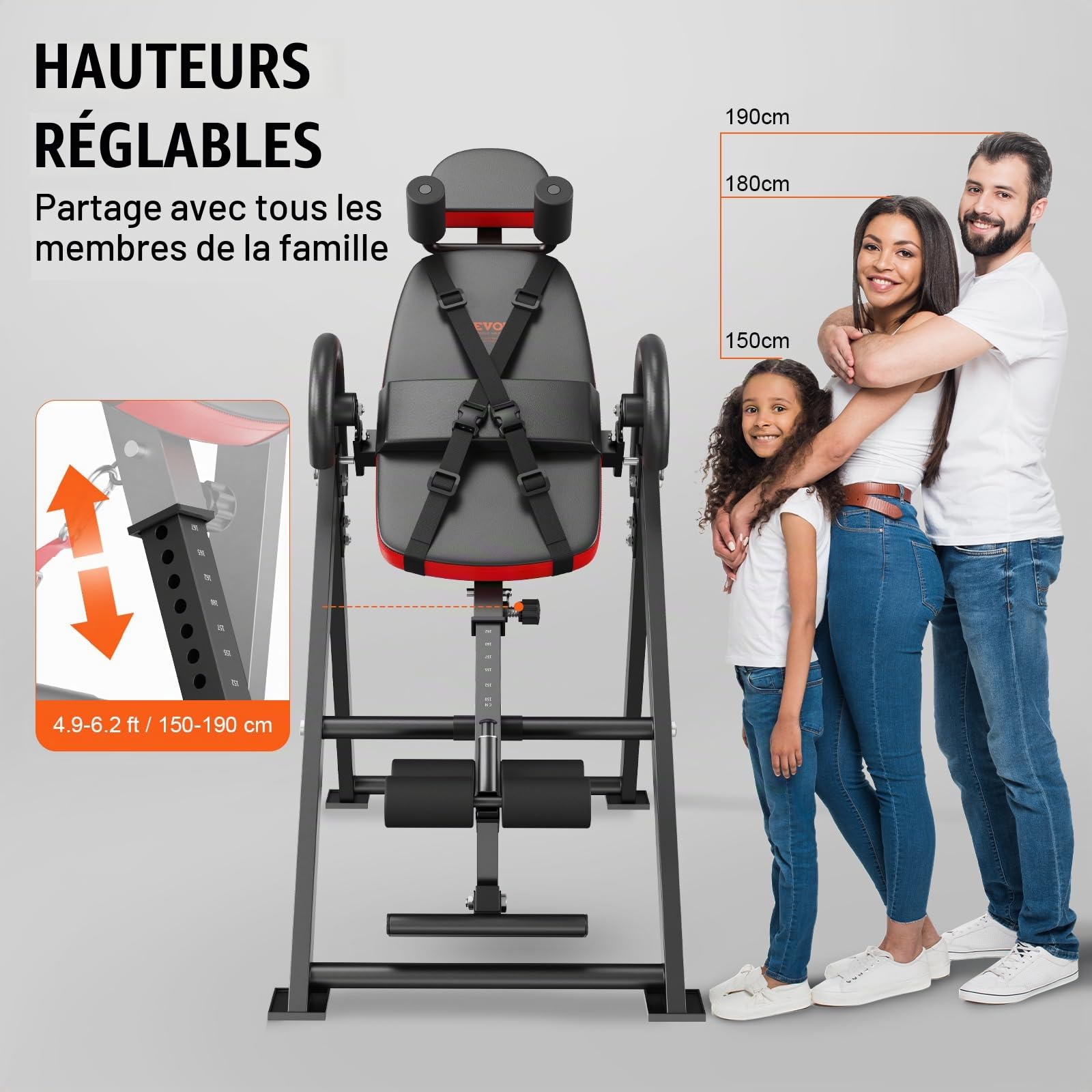 VEVOR Table d'Inversion Charge 136 kg, Banc d'Inversion avec Appui-Tête, Machine d'Étirement du Dos par Décompression, avec Verrouillage de Cheville et Ceinture de Protection, Musculation, Rouge/Noir