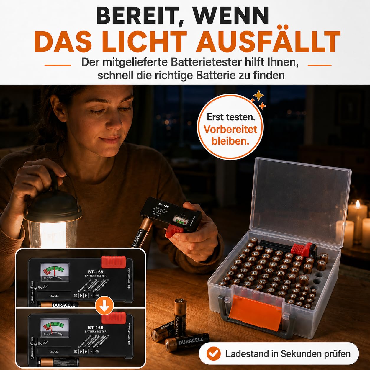 FULLCASE Battery Organizer, Batteriebox mit Tester, Batterie-Aufbewahrungsbox für 34 AA-/30 AAA-Batterien, kompakter Batteriehalter aus Kunststoff für Küchenschublade, Werkzeugkasten und Camping-Set