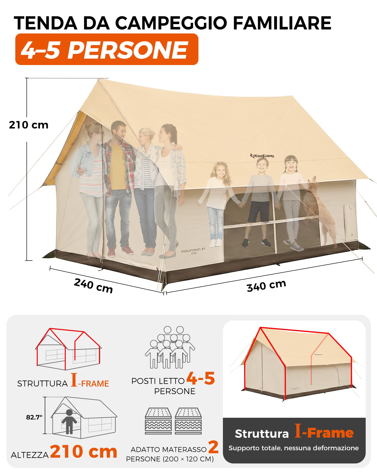 KingCamp 4-5 Persone Tenda,8㎡ Tenda Casa con Apertura Camino & Porta AC,Tenda Impermeabile 210g TC, 2 Porte 4 Finestre, con Copertura Ignifuga, Tenda 4 stagioni,per Campeggio Famiglia