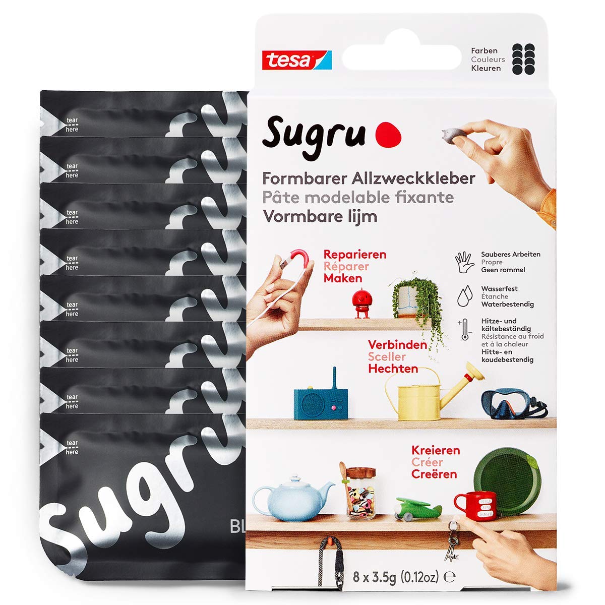 Tesa Sugru by tesa - Pâte Fixante Polyvalente à Modeler en Lot de 8 x 3.5 g - Pâte Durcissante Adhésive Polyvalente - Pour Réparer, Coller et Fixer sans Percer - Noir