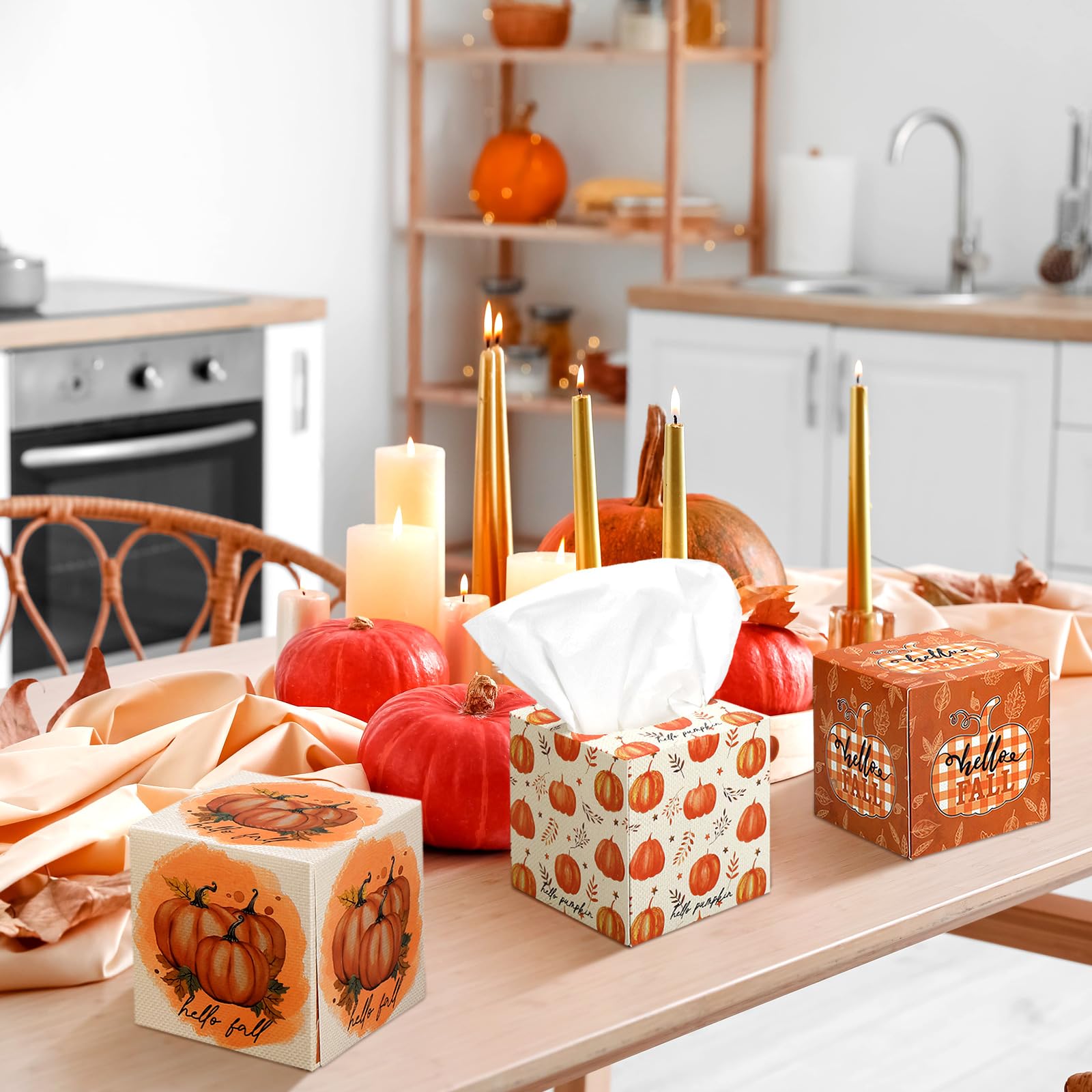 Bencailor Confezione da 12 scatole di fazzoletti per il viso autunnali a forma di zucca, 600 fogli a 3 strati, copertura quadrata in tessuto per accessori di casa e auto (arancione, Hello Pumpkin)