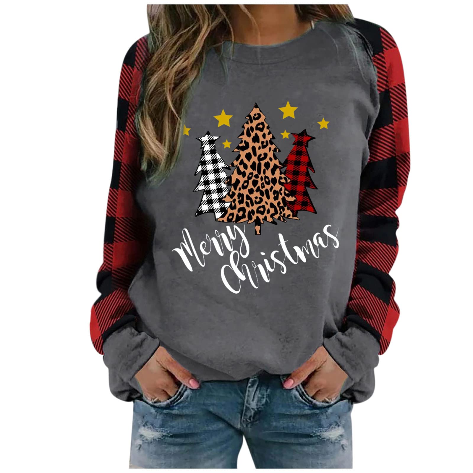 Women's Casual Crewneck Long Sleeve Sweatshirt Color Block Merry Christmas Snowflake Santa Claus Print Buffalo Plaid Pullover Blouse Tops